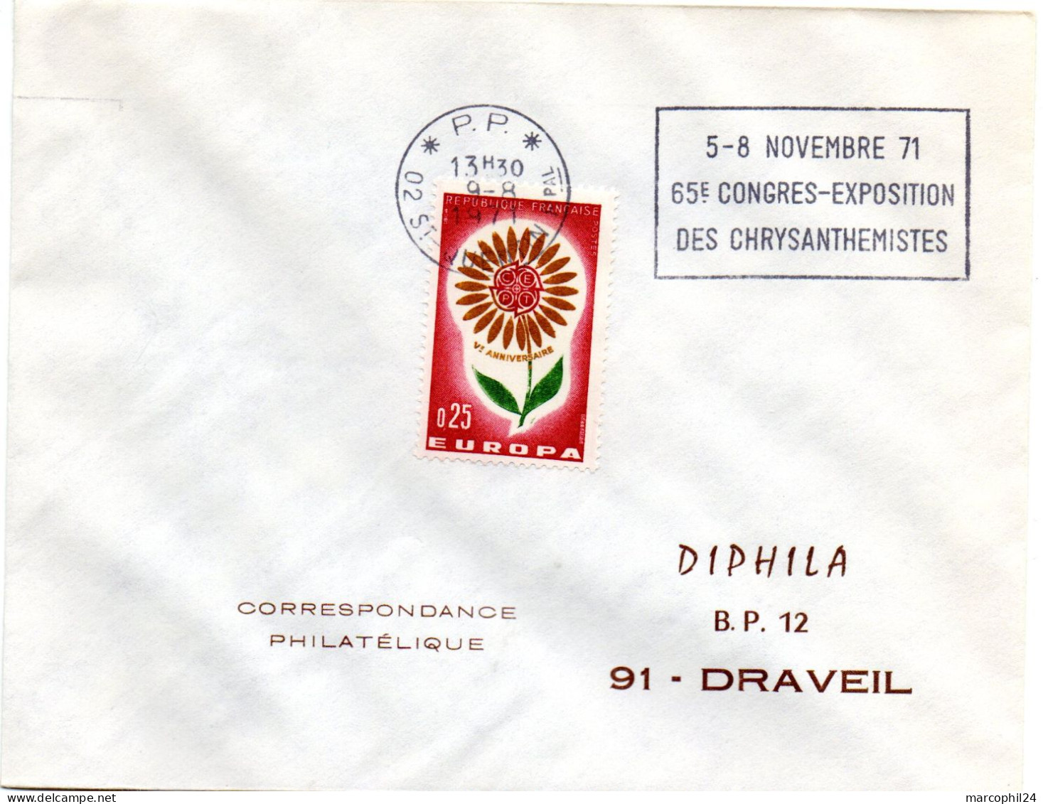 FLORE = 02 St QUENTIN Ppal 1971 = FLAMME PP = SECAP CONCORDANTE FLEUR  'CONGRES  CHRYSANTHEMISMES'sur Enveloppe ENTIERE - Otros & Sin Clasificación