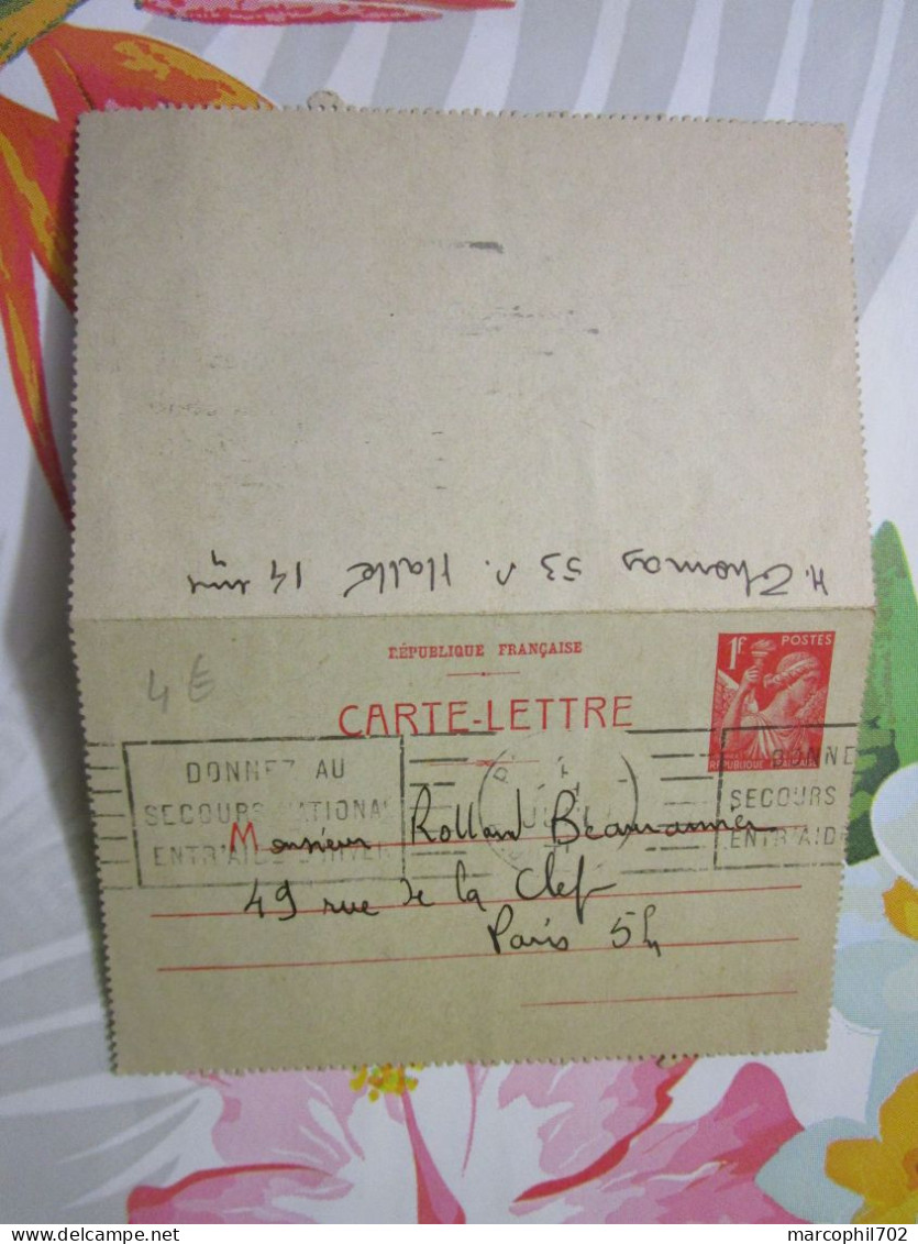 Carte Lettre Entier Postal SPE-CP1 Obliteration Mecanique Donnez Au Secours National 3/6/41 - Kaartbrieven