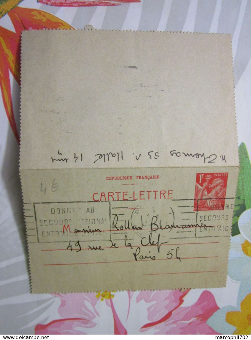 Carte Lettre Entier Postal SPE-CP1 Obliteration Mecanique Donnez Au Secours National 3/6/41 - Cartes-lettres
