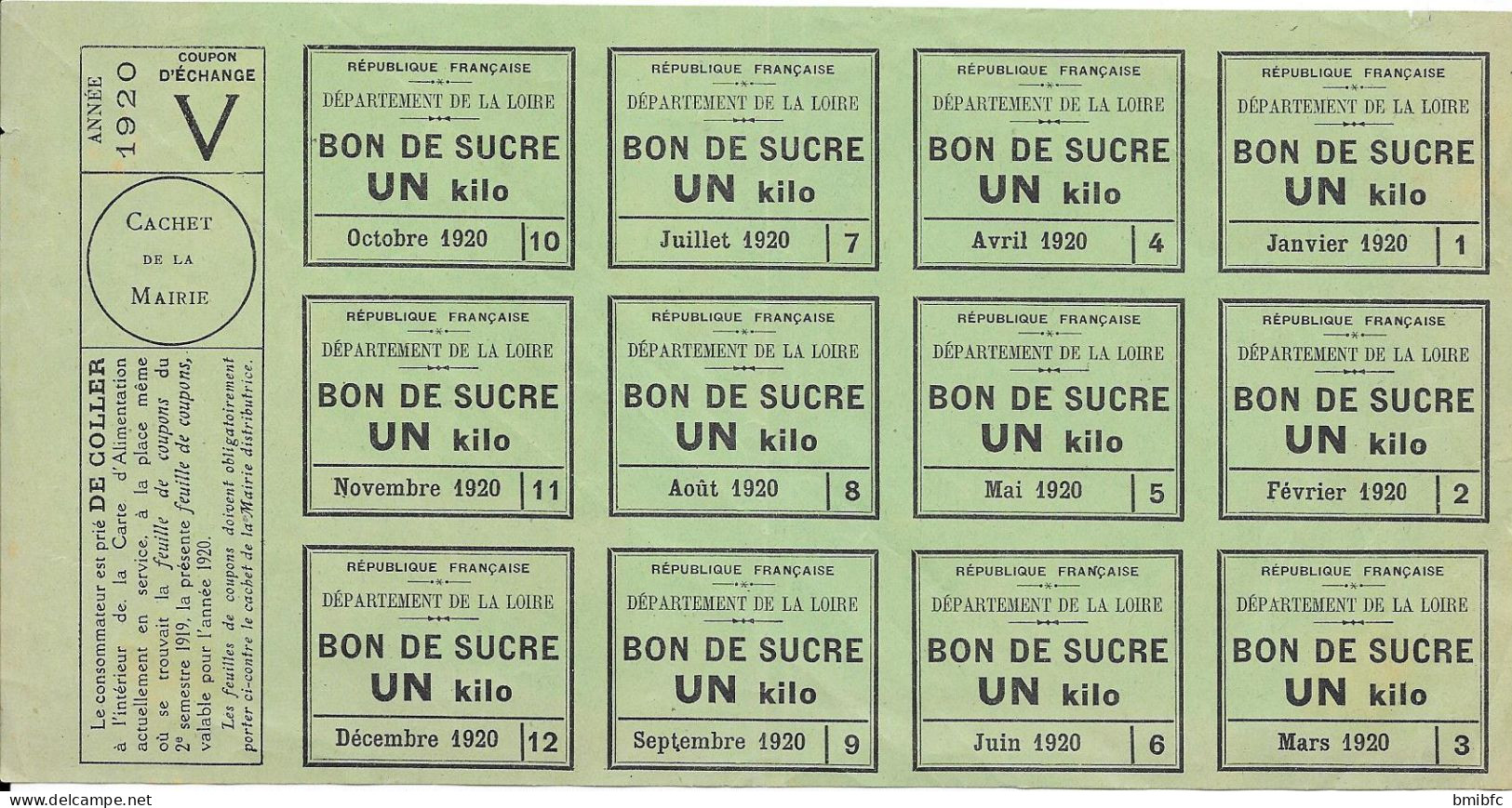 Année 1920 RÉPUBLIQUE FRANÇAISE DÉPARTEMENT DE LA LOIRE BON DE SUCRE UN Kilo De Janvier à Décembre - Documenti Storici