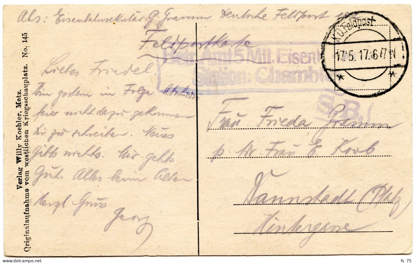 BELGIQUE - K.D. FELDPOST + BETR. AMT 5 MIL. EISENB. STATION  CHAMBLE SUR CARTE EN FRANCHISE, 1917 - Not Occupied Zone