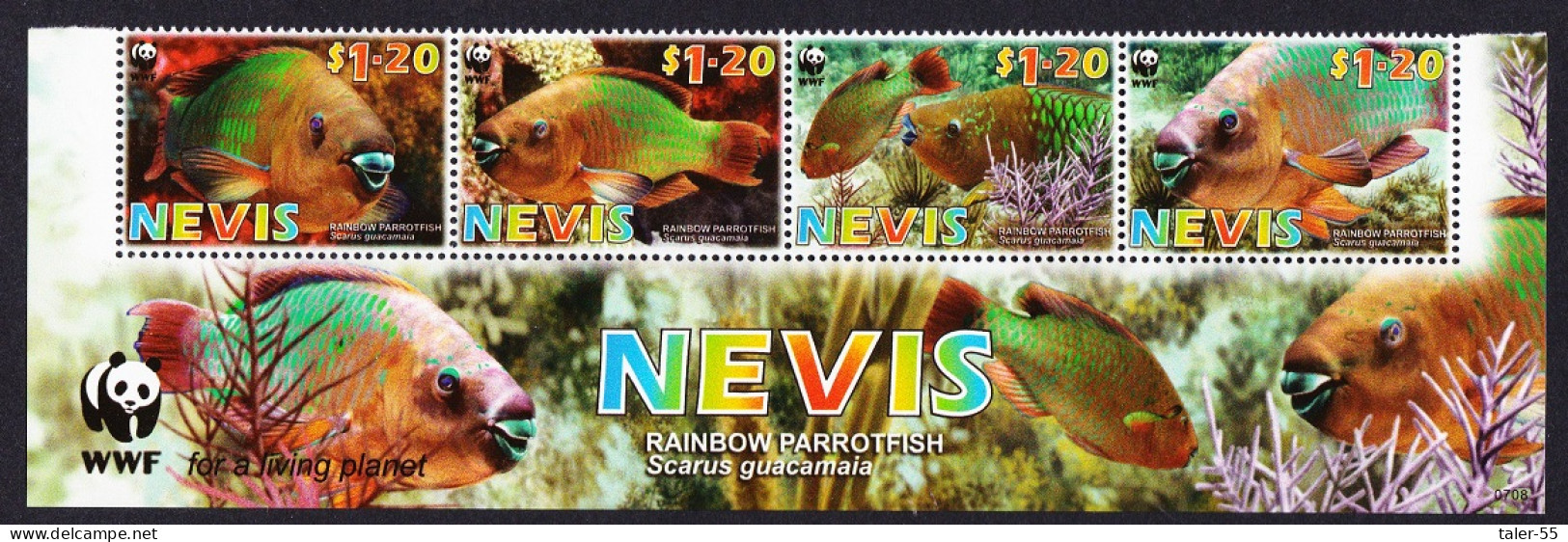 Nevis WWF Rainbow Parrotfish Strip Of 4v WWF Logo 2007 MNH SG#2015-2018 MI#2208-2211 Sc#1510a-d - St.Kitts-et-Nevis ( 1983-...)