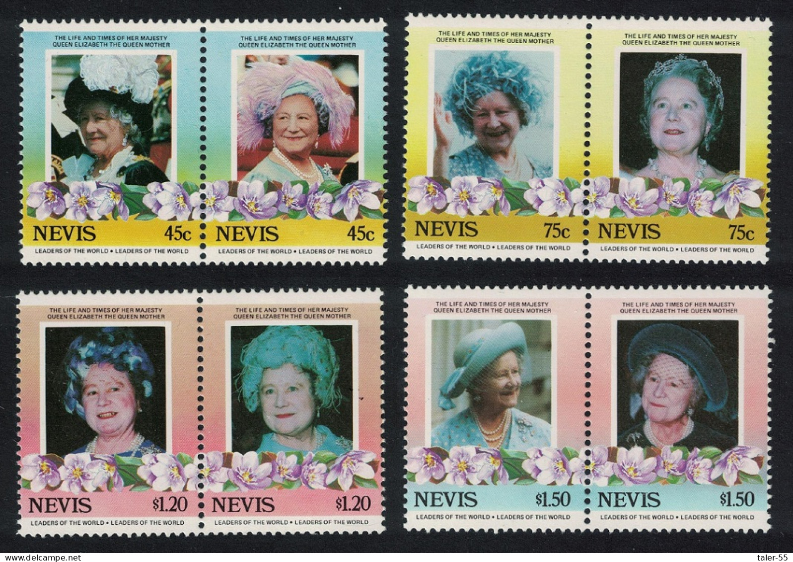 Nevis Life And Times Of The Queen Mother 8v 1985 MNH SG#309-316 - St.Kitts And Nevis ( 1983-...)