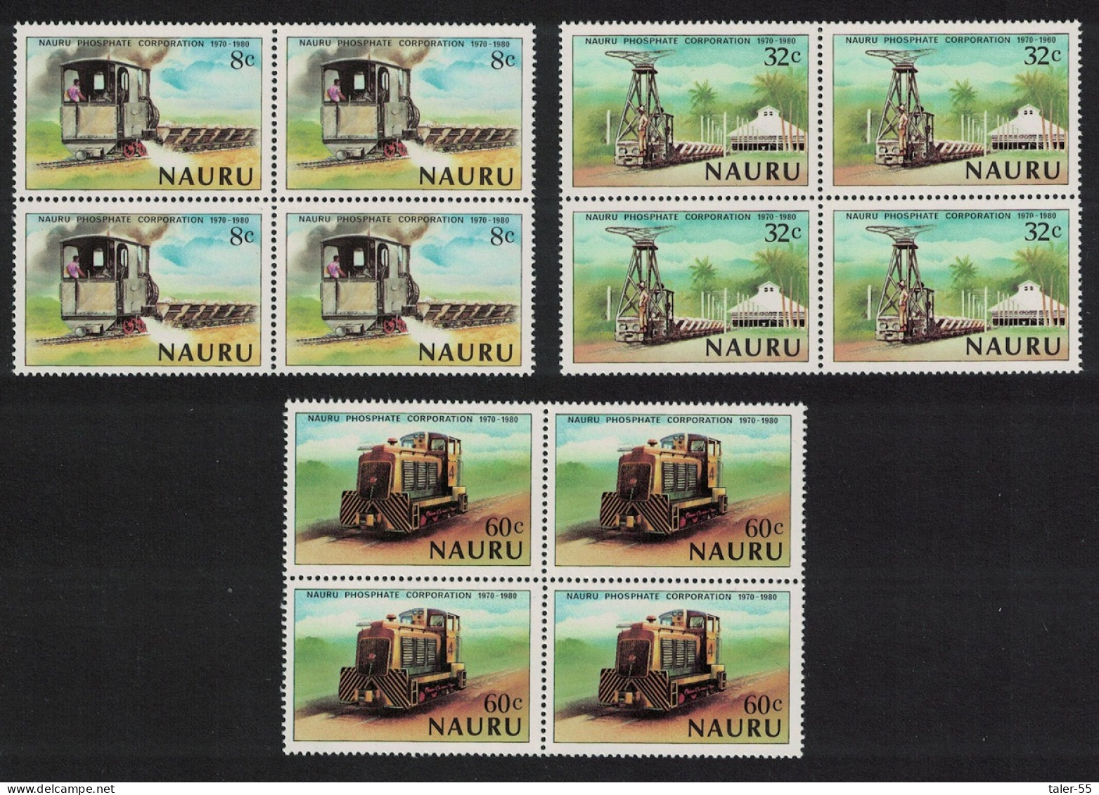 Nauru Railway Locomotives Phosphate Corporation Minerals 3v Blocks Of 4 1980 MNH SG#224-226 - Nauru
