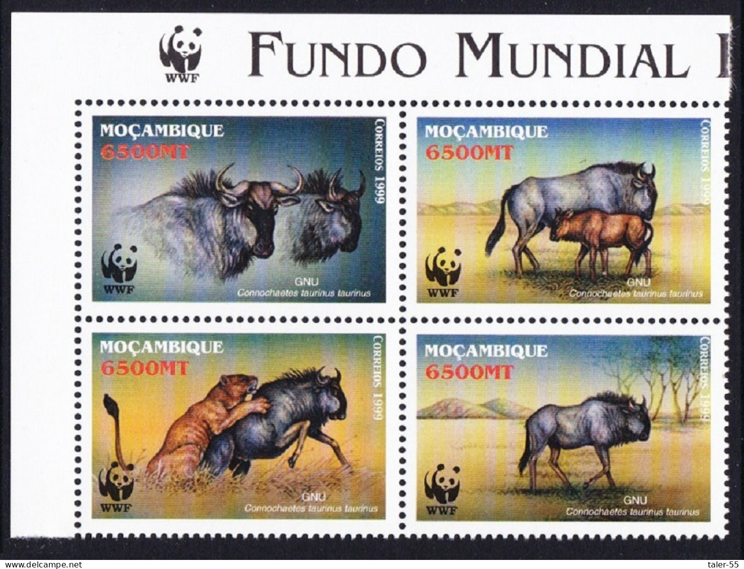 Mozambique WWF Blue Wildebeest Block 2*2 WWF Logo 2000 MNH SG#1542-1545 MI#1757-1760 Sc#1377 A-d - Mosambik