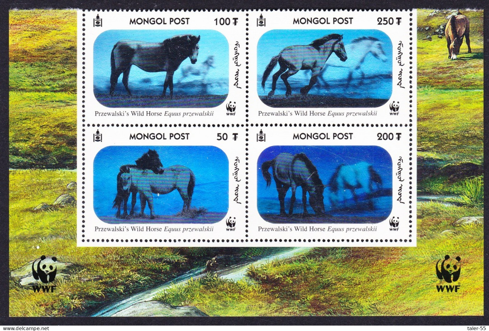 Mongolia WWF Przewalski's Horse Block Of 4 WWF Logo T2 2000 MNH SG#2857-2860 MI#3126-3129 Sc#2441 A-d - Mongolia