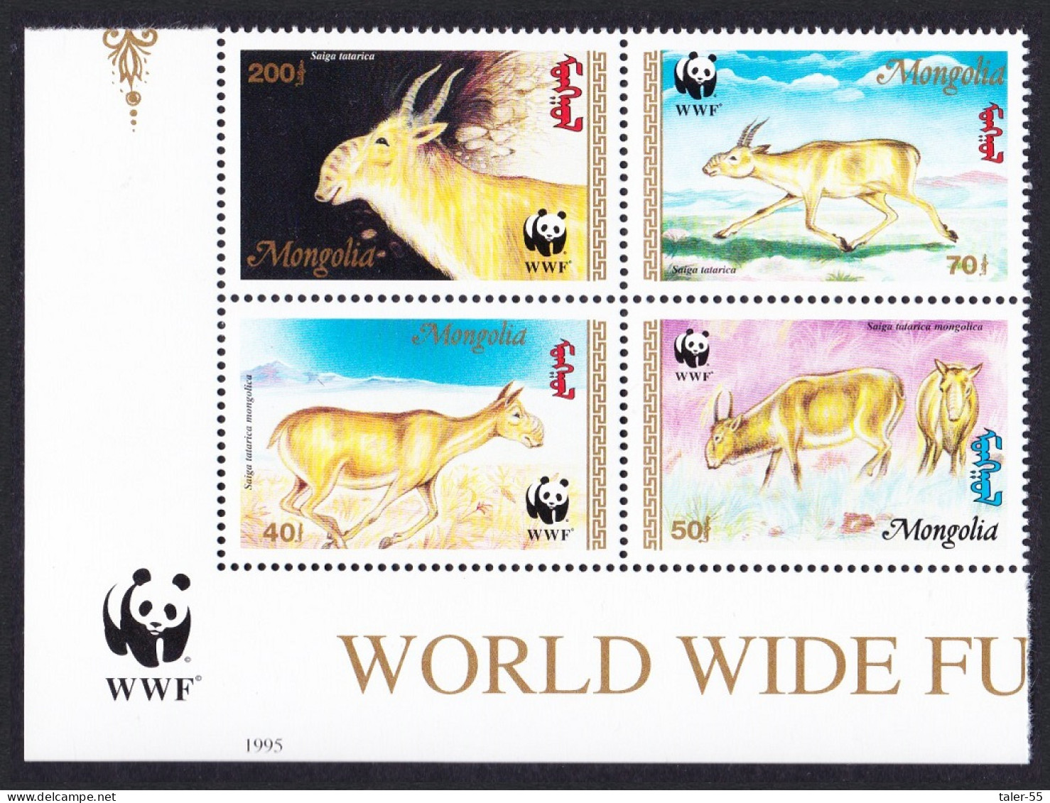 Mongolia WWF Saiga SW Block Of 4 WWF Logo 1995 MNH SG#2497-2500 MI#2562-2565 Sc#2209-2212 - Mongolia