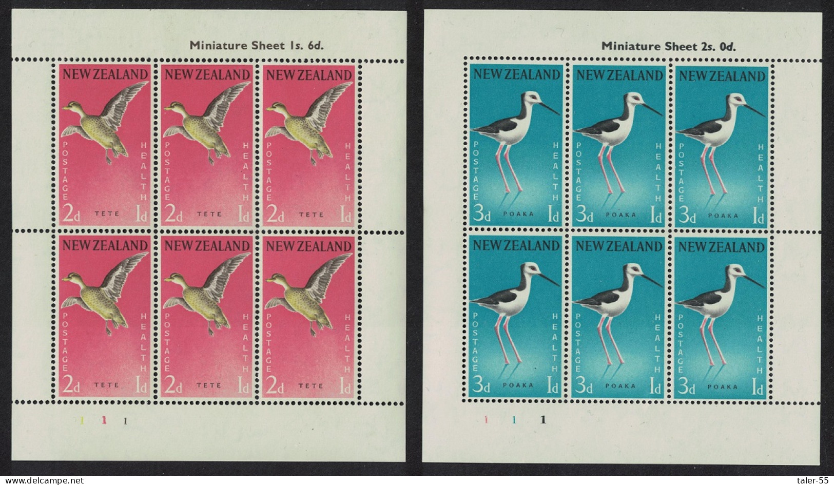 New Zealand Teal Stilt Birds 2 MSs 1959 MNH SG#MS777c MI#386-387 - Unused Stamps