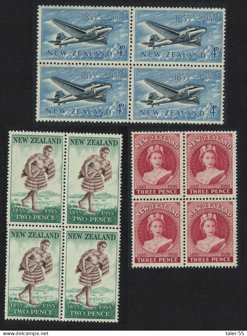 New Zealand Douglas DC-3 Airliner Maori Mail-carrier Queen Blocks Of 4 1955 MNH SG#739-741 - Unused Stamps