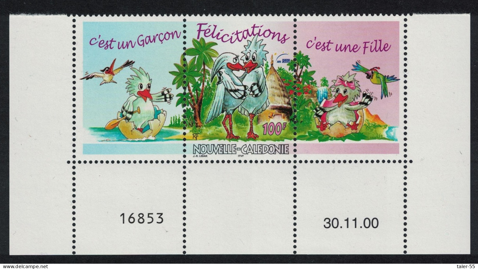New Caledonia Kagu Birds Greetings Stamp 100f + 2 Labels Strip Date Number 2000 MNH SG#1222 MI#1126 - Ongebruikt