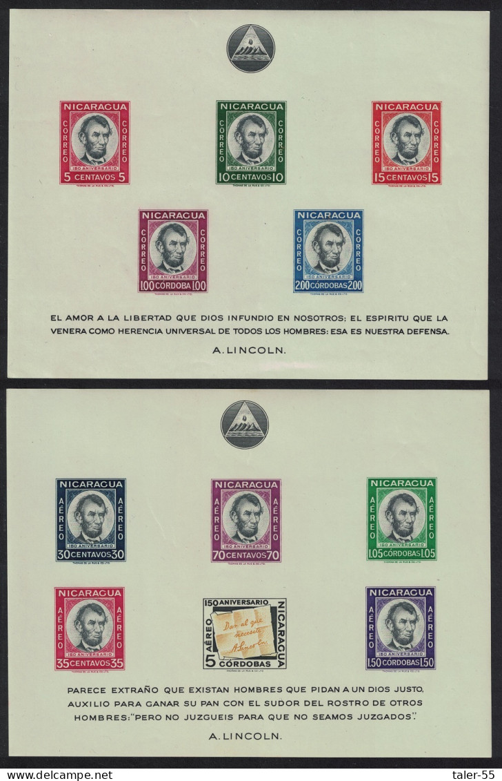 Nicaragua 150th Birth Anniversary Of Abraham Lincoln 2 MSs 1960 MNH SG#MS1376a+MS1382 Sc#828a + C442a - Nicaragua