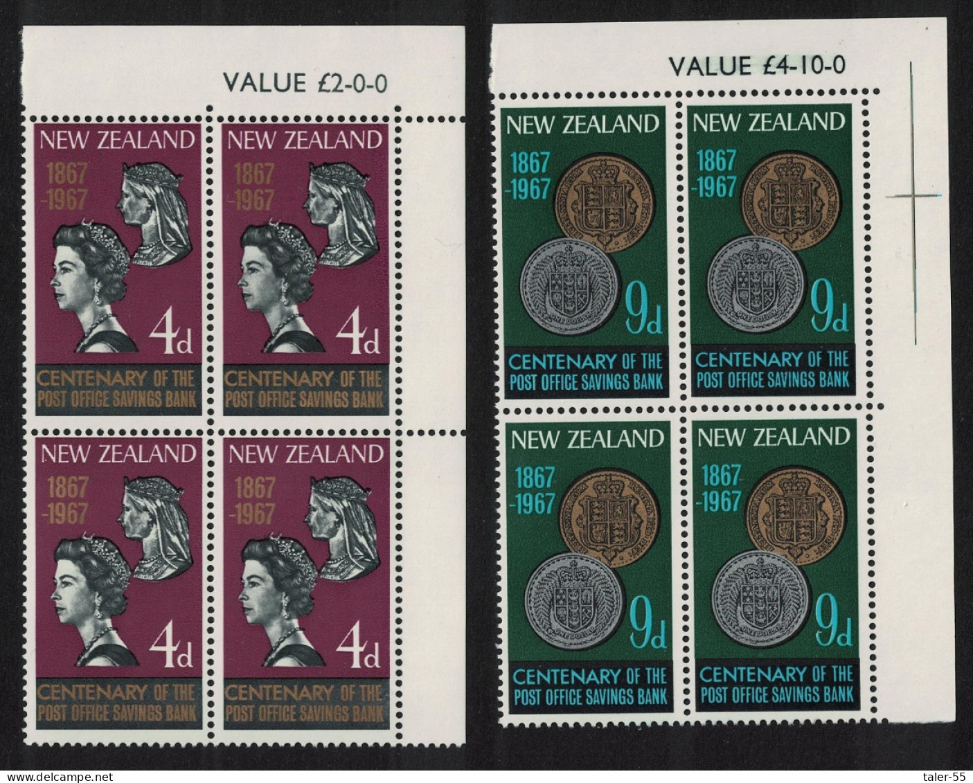 New Zealand Coins Post Office Savings Bank 2v Corner Blocks Of 4 1967 MNH SG#843-844 - Nuovi