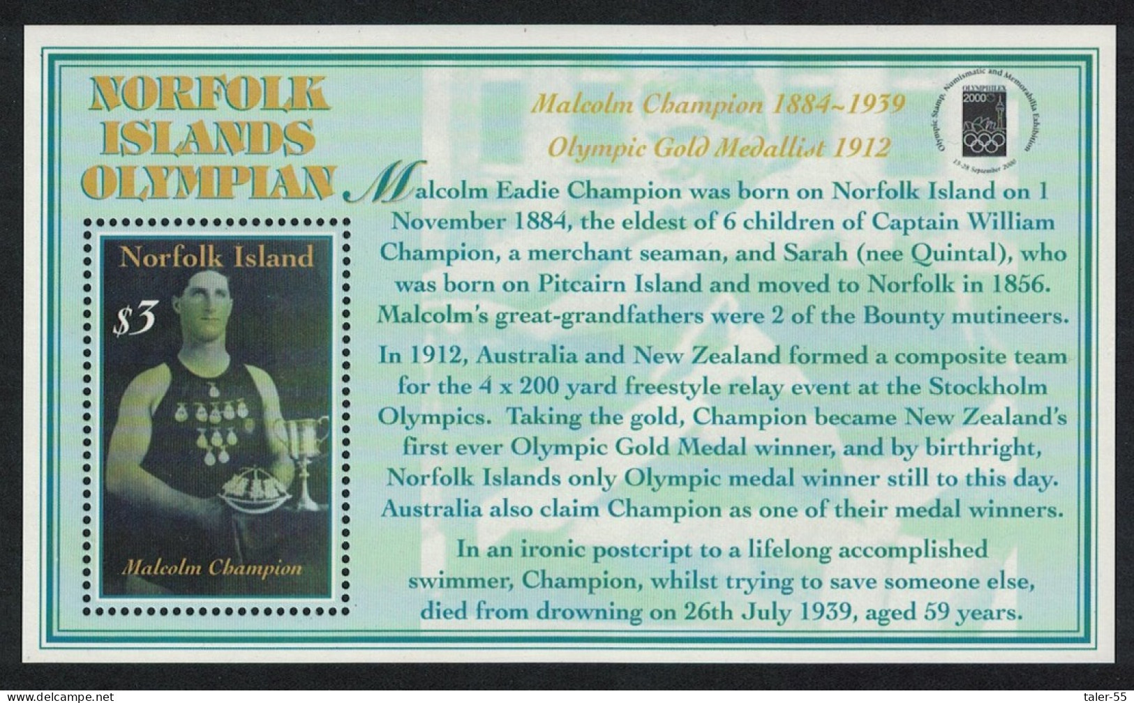 Norfolk 'Olymphilex 2000' Stamp Exhibition Sydney MS 2000 MNH SG#MS737 Sc#709 - Norfolkinsel