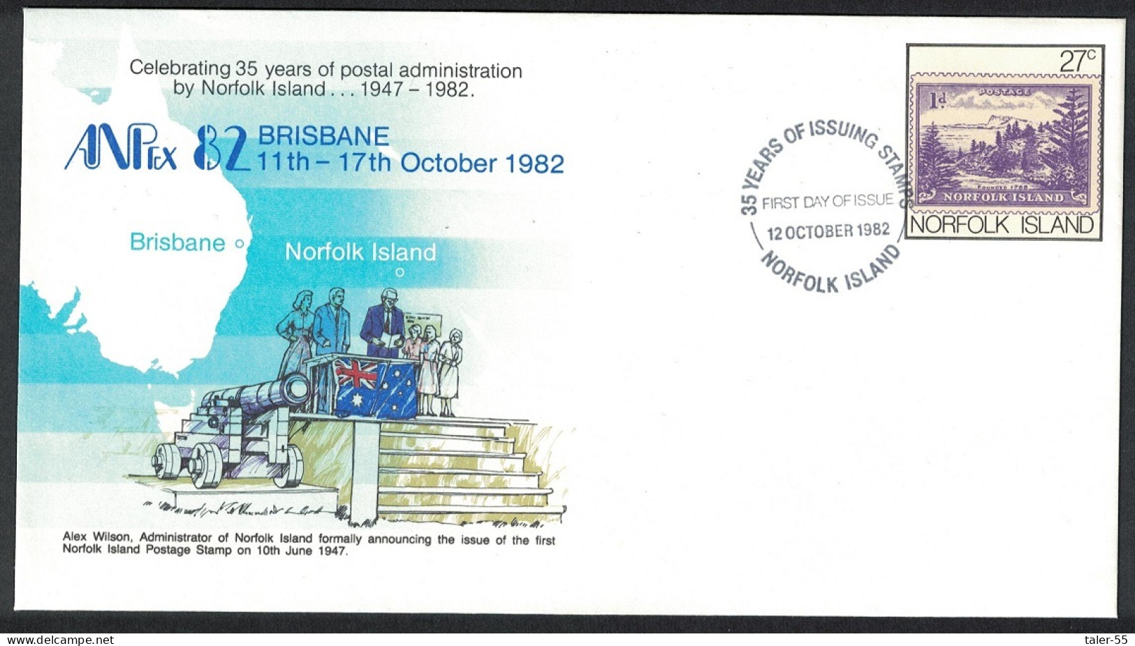 Norfolk Cannon 35 Year Of Postal Administration Pre-paid Envelope FDC 1982 - Norfolk Eiland