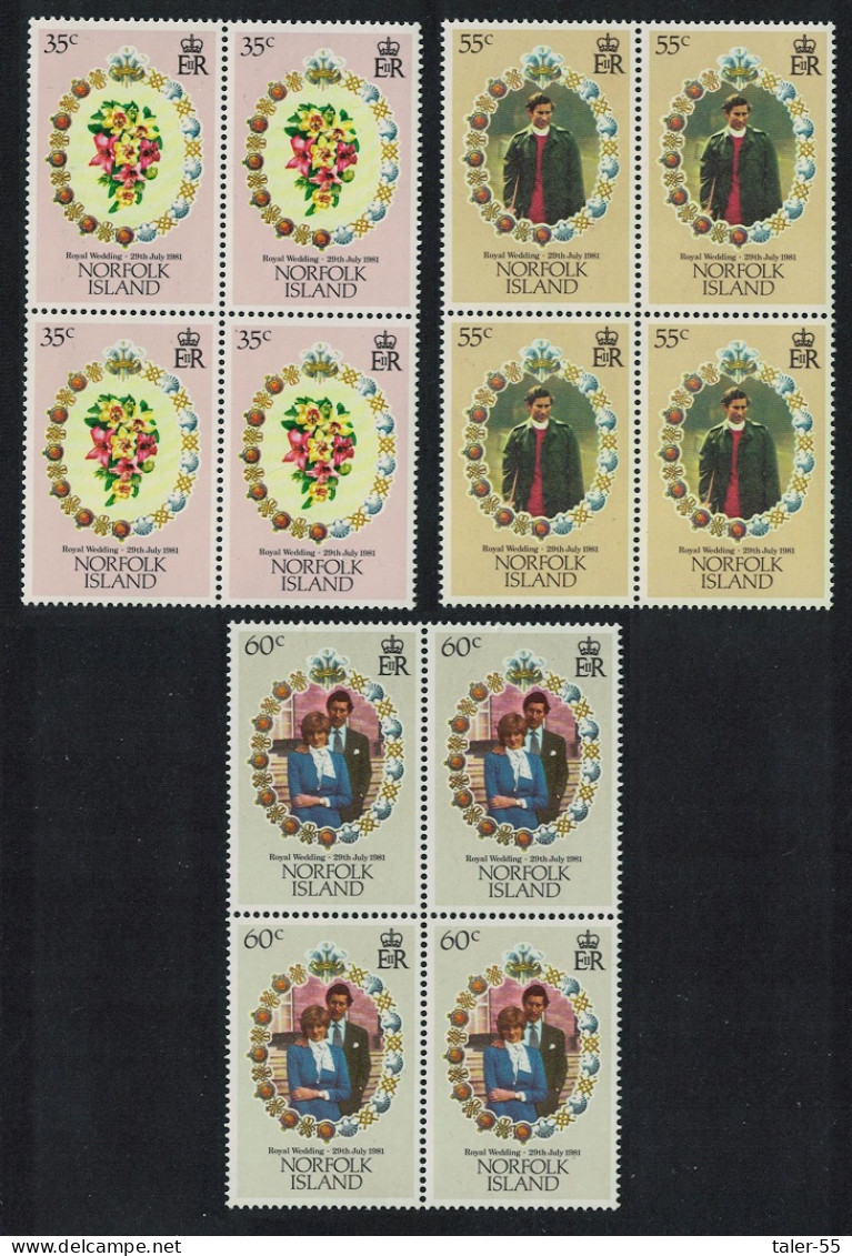 Norfolk Charles And Diana Royal Wedding 3v Blocks Of 4 1981 MNH SG#262-264 Sc#280-282 - Norfolkinsel