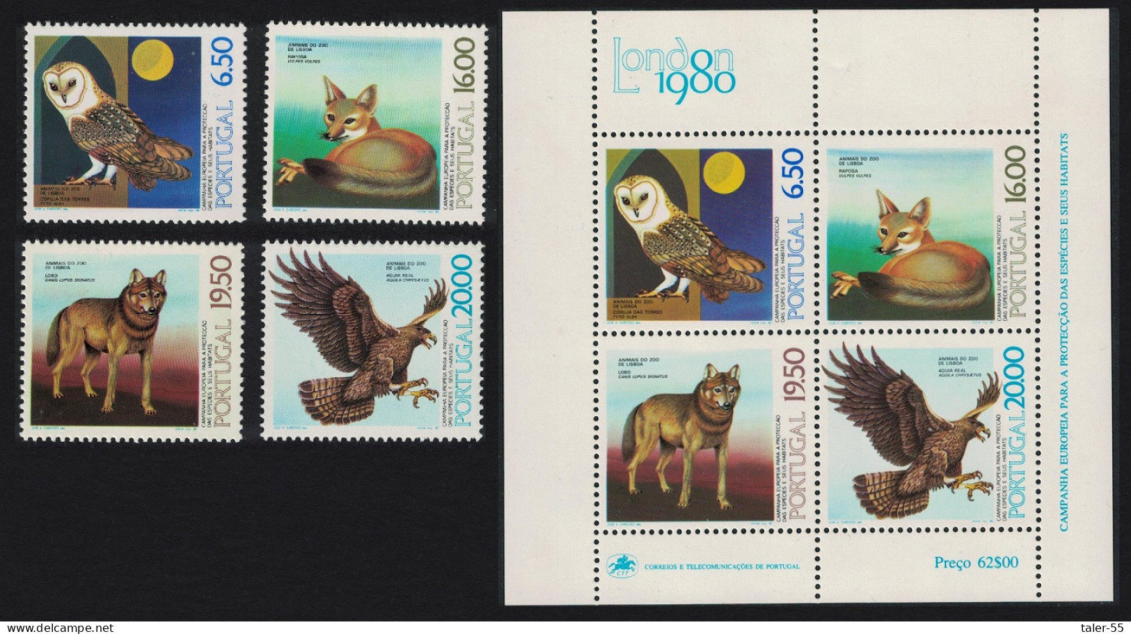 Portugal Eagle Owl Birds Fox Wolf Lisbon Zoo 4v+MS 1980 MNH SG#1796-MS1800 MI#1490-1493+Block 30 - Nuevos