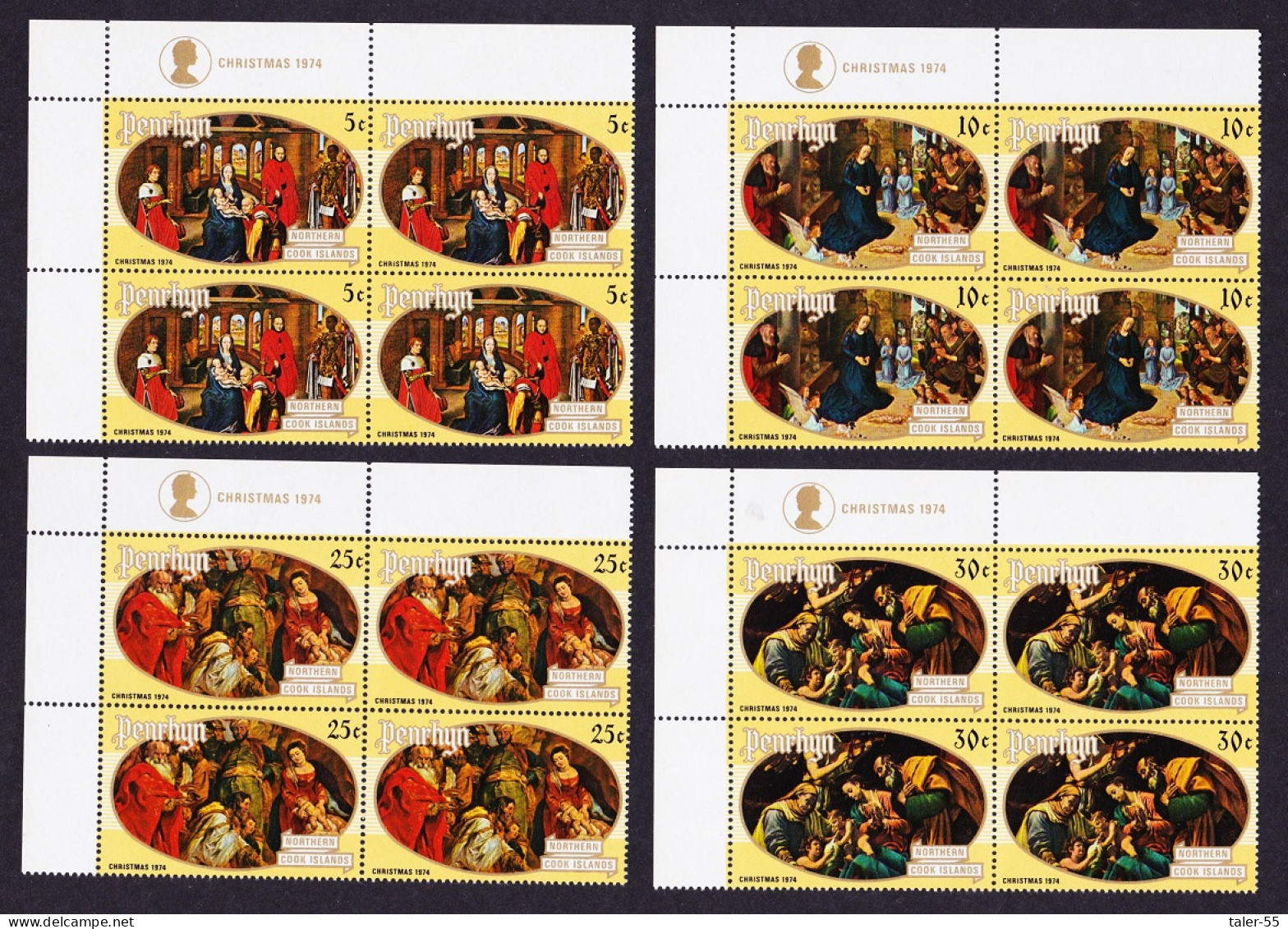 Penrhyn Christmas Adoration 4v Corner Blocks Of 4 1974 MNH SG#72-75 Sc#66-69 - Penrhyn