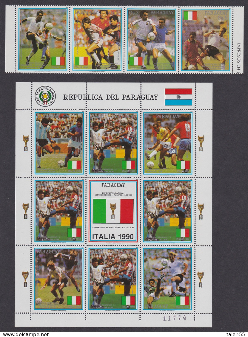 Paraguay World Cup Football Championship Italy Strip Of 4v+Sheetlet 1989 MNH MI#4434-4438 Sc#2309-2310 - Paraguay