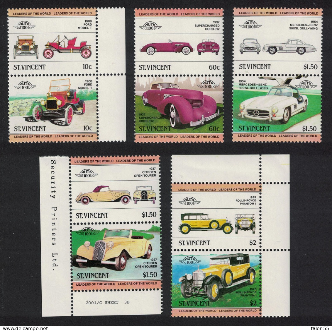 St. Vincent Automobiles 10v Ford Mercedes Citroen Rolls-Royce 1983 MNH SG#727-736 - St.Vincent (1979-...)