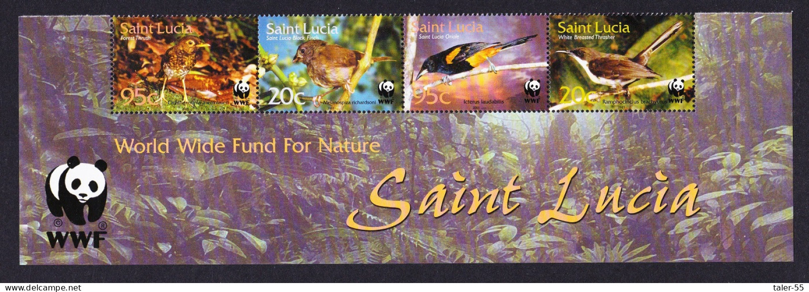 St. Lucia WWF Birds Bottom Strip Of 4v WWF Logo 2001 MNH SG#1242-1245 MI#1142-1145 Sc#1132-1135 - St.Lucia (1979-...)