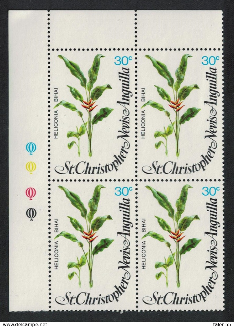 St. Kitts-Nevis Flowers Heliconia Bihai 30c Corner Block Of 4 1979 MNH SG#418 - San Cristóbal Y Nieves - Anguilla (...-1980)