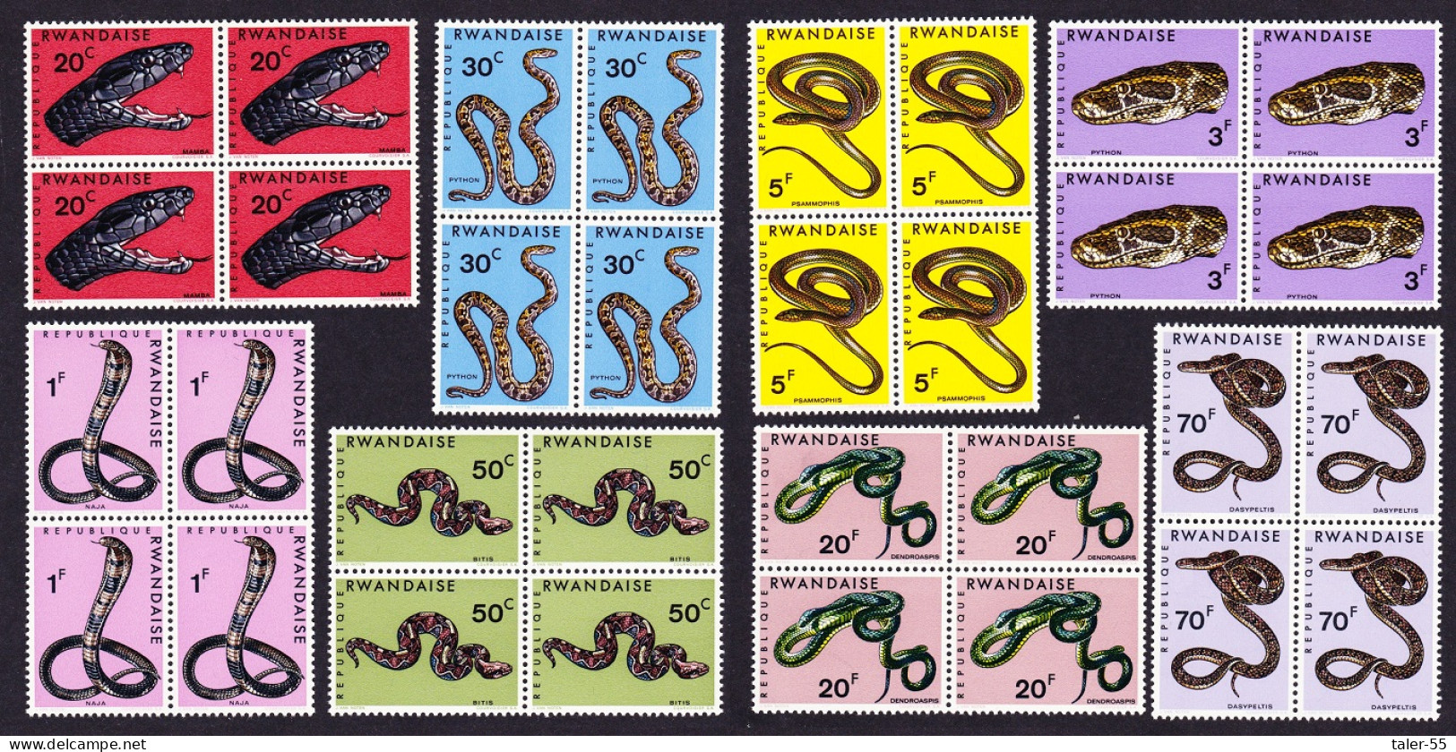 Rwanda Snakes 8v Blocks Of 4 1967 MNH SG#192-199 MI#201A-208A Sc#194-201 - Nuovi