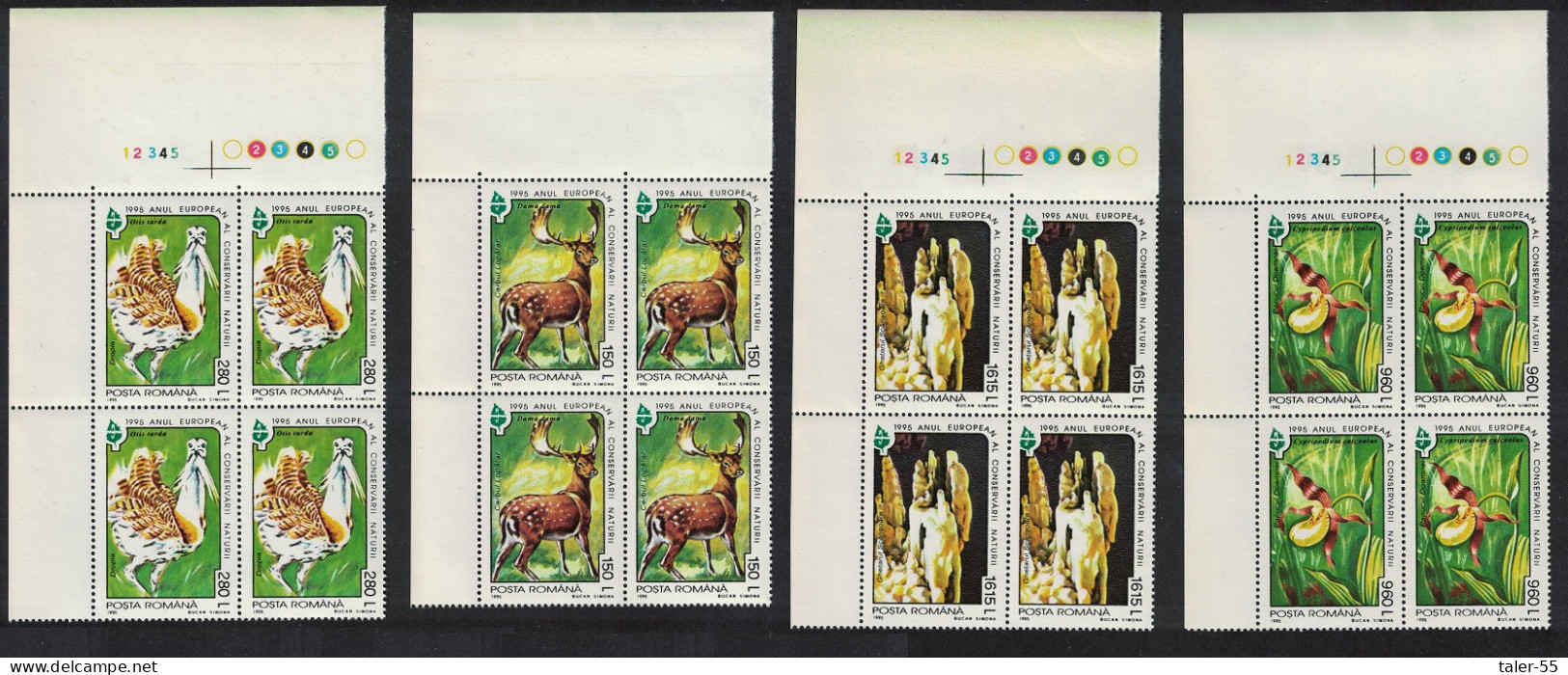 Romania Bustard Bird Deer Orchid Animals 4v Corner Blocks Of 4 1995 MNH SG#5741-5744 - Unused Stamps