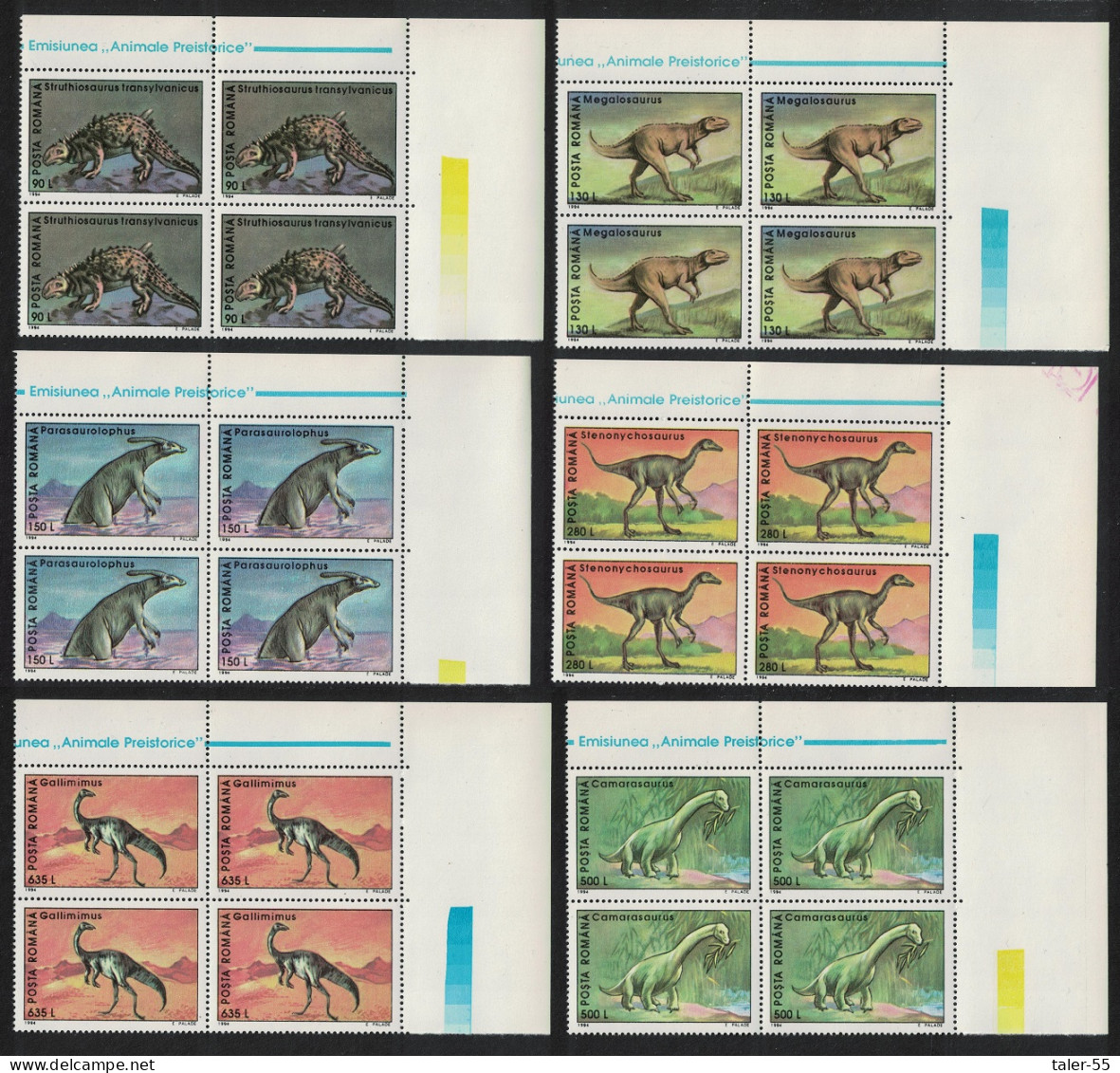 Romania Dinosaurs 6v Corner Blocks Of 4 1993 MNH SG#5608-5613 - Ungebraucht