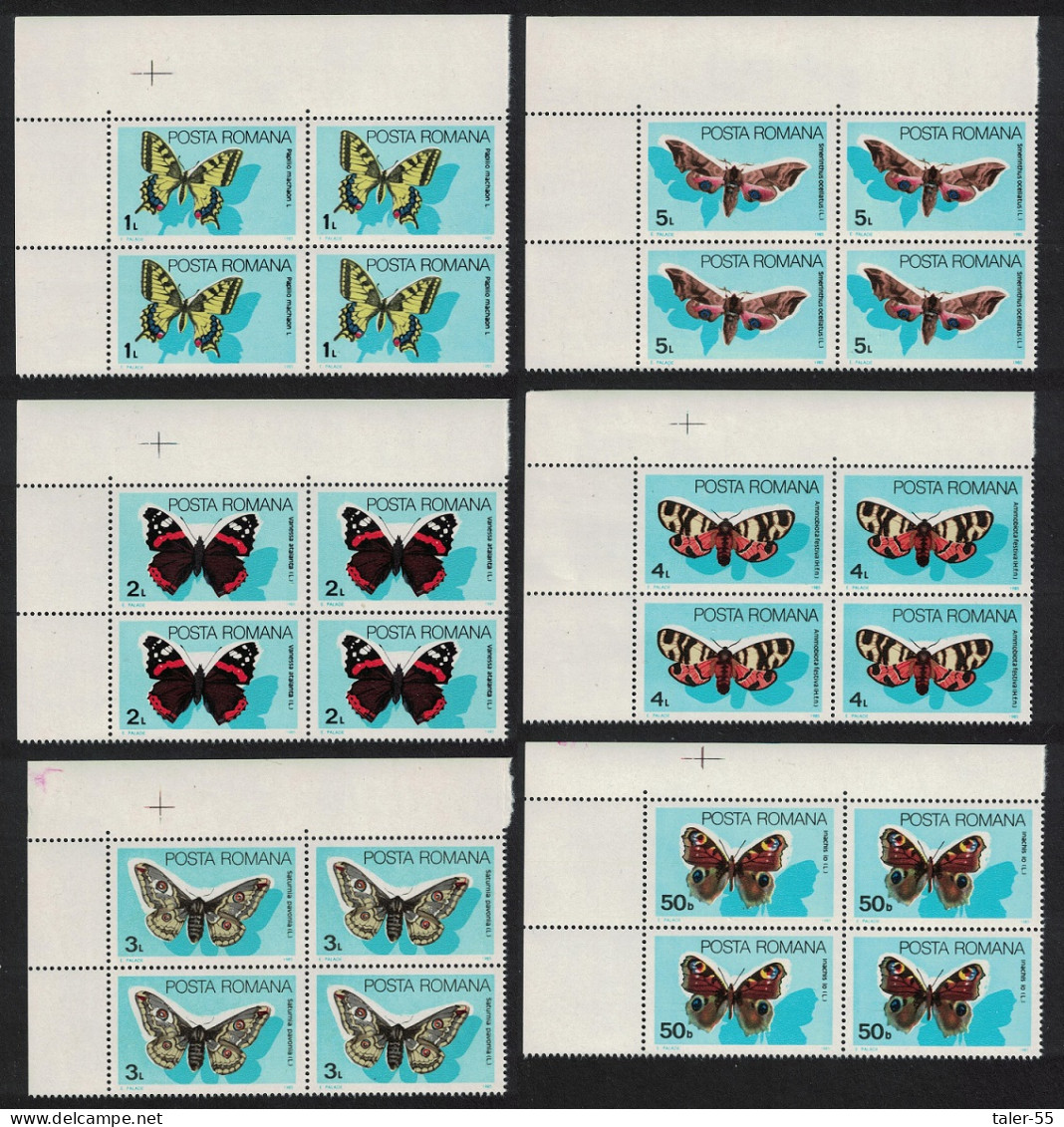 Romania Butterflies 6v Corner Blocks Of 4 1985 MNH SG#4946-4951 MI#4159-4164 - Ungebraucht