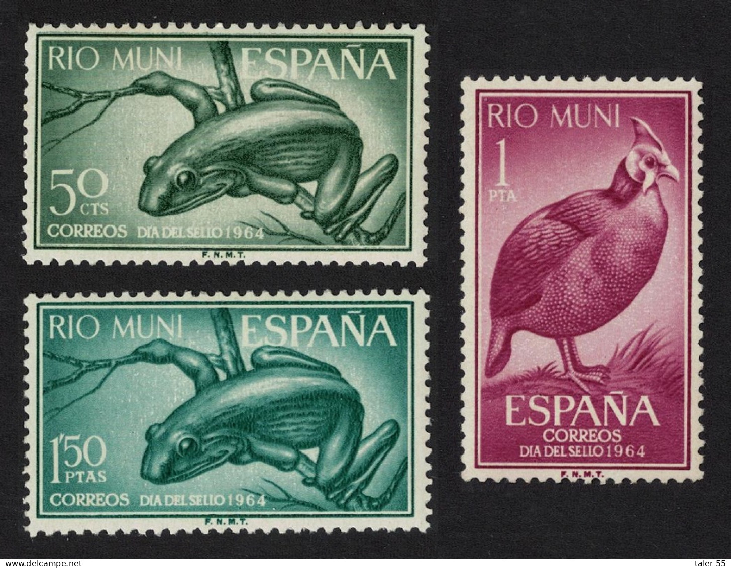 Rio Muni Goliath Frog Helmeted Guineafowl Bird 3v 1964 MNH SG#57-59 Sc#44-46 - Rio Muni