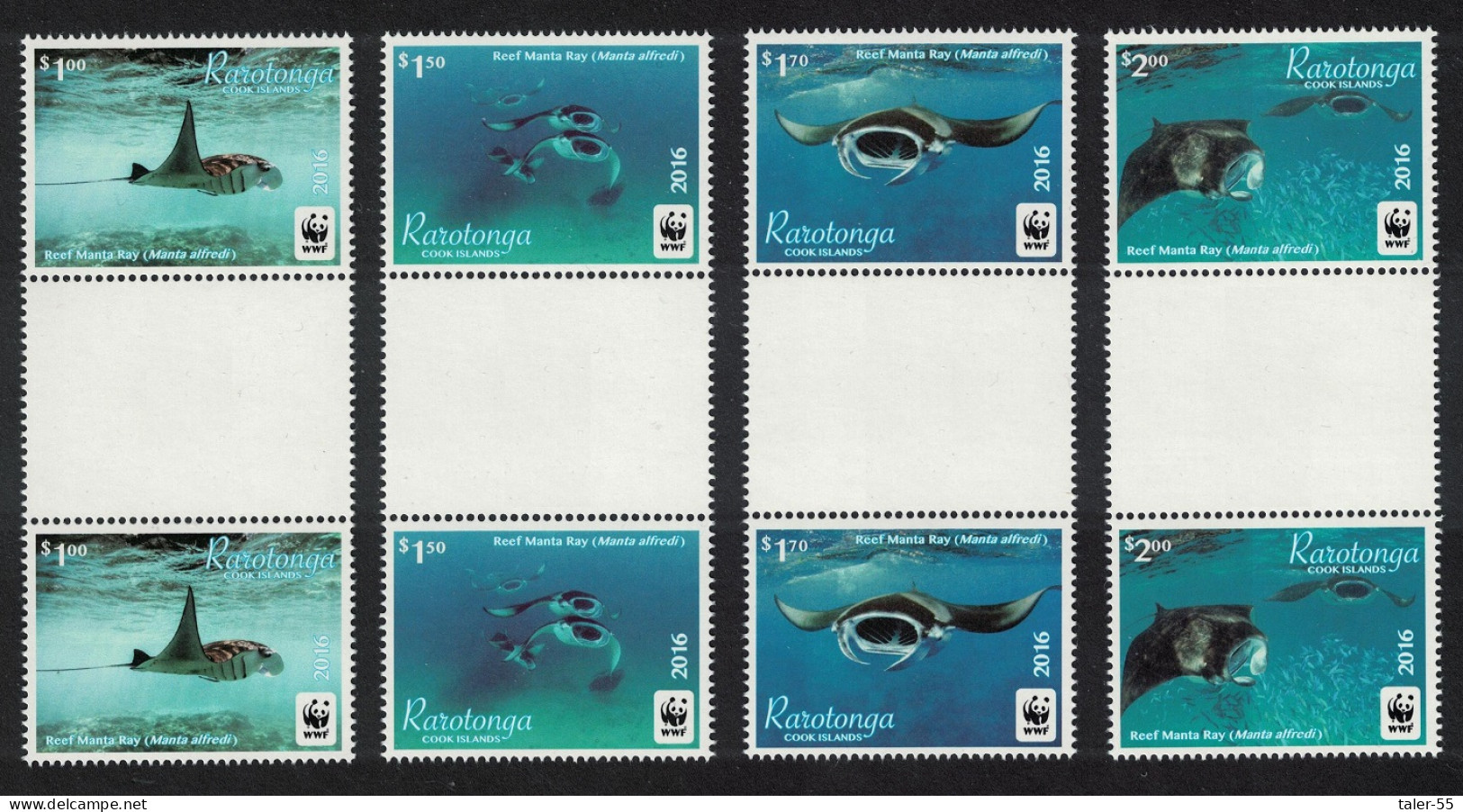 Rarotonga WWF Reef Manta Ray Shark Fish 4v Gutter Pairs 2016 MNH SG#23-26 - Cookeilanden