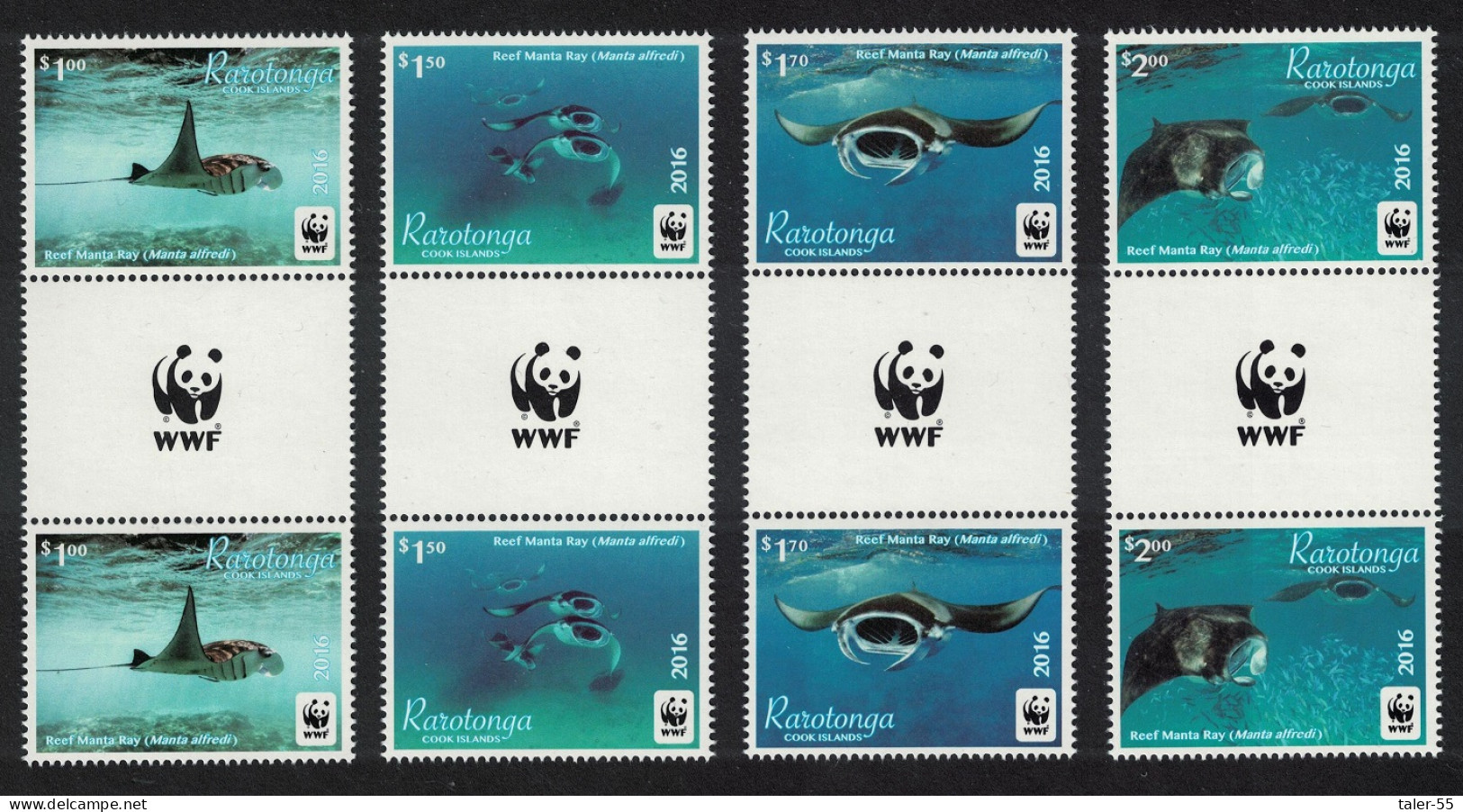 Rarotonga WWF Reef Manta Ray Shark Fish 4v Gutter Pairs Logo 2016 MNH SG#23-26 - Cookeilanden