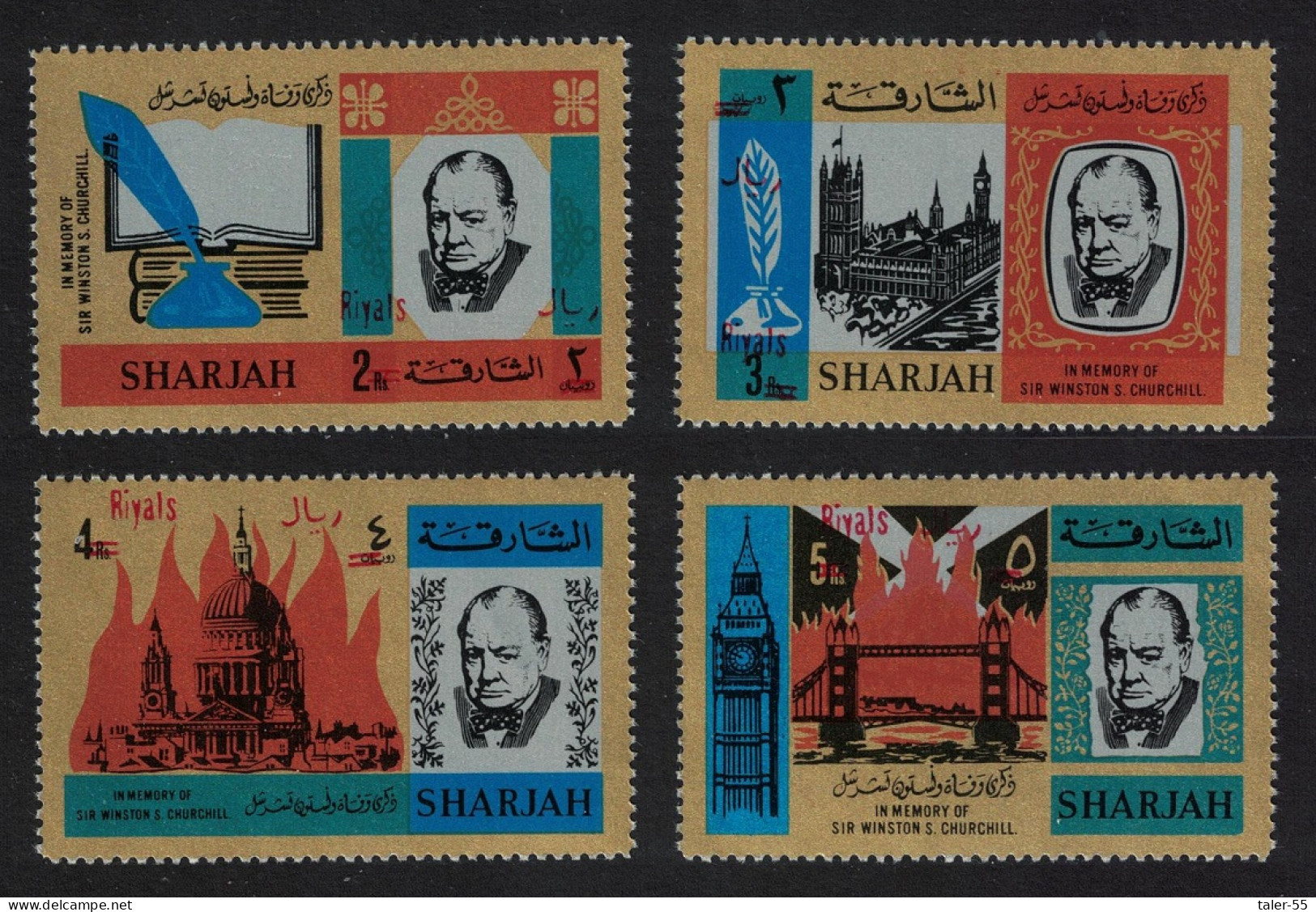 Sharjah Churchill Commemoration 4v RED Ovpt 'Riyals' RARR 1966 MNH MI#A332A-D332A - Schardscha