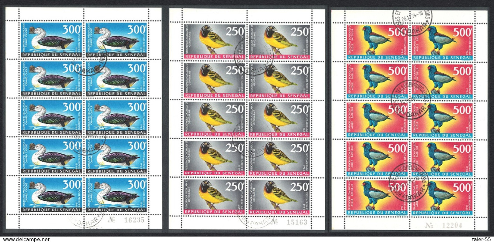 Senegal Weaver Duck Bateleur Birds 3v Sheetlets Of 10 Sets 1968 Canc SG#379-381 Sc#C55-C57 - Senegal (1960-...)
