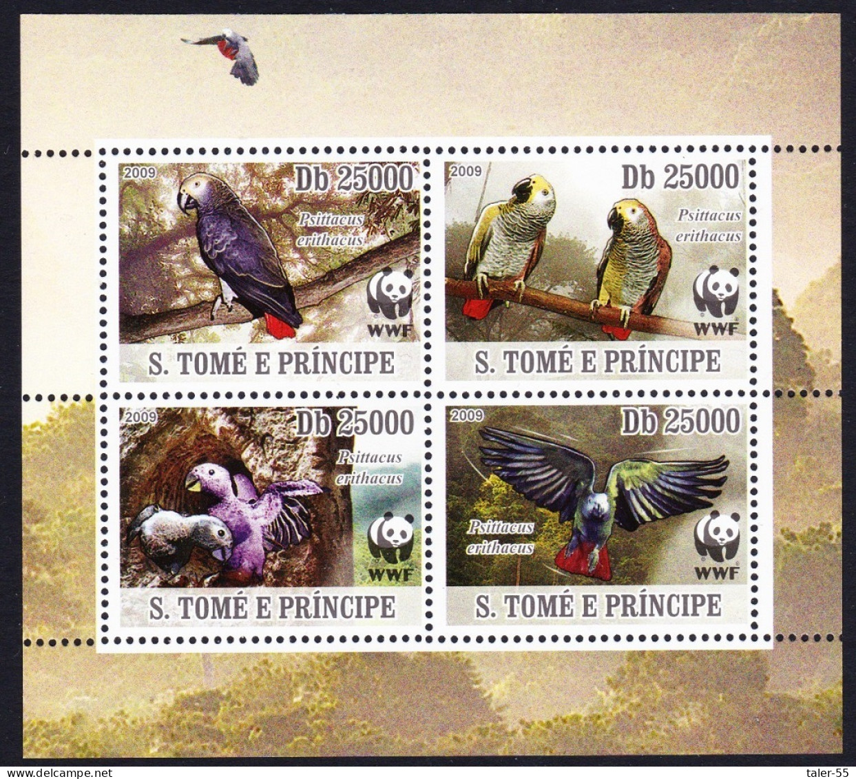 Sao Tome Birds WWF Grey Parrot 4v Block Of 4 WWF Logo 2009 MNH MI#3777-3780 - São Tomé Und Príncipe