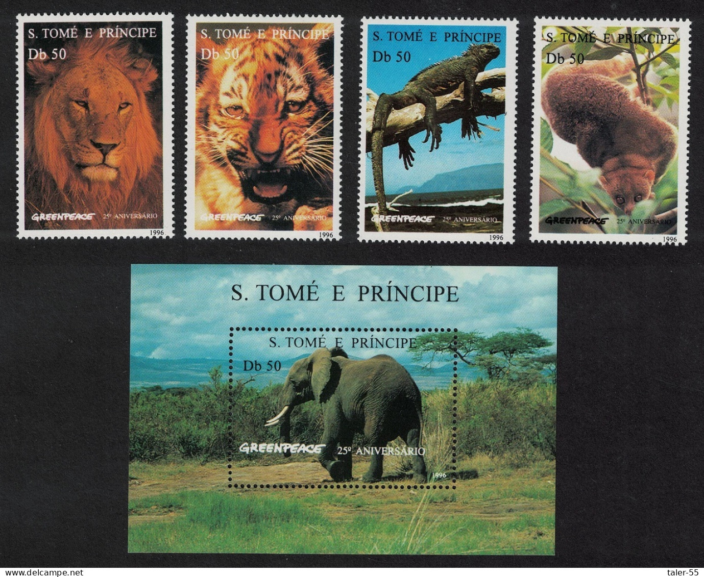 Sao Tome Wild Animals Elephant Tiger Lion 4v+MS 1996 MNH MI#1676-1679+Block 531 Sc#1237-1241 - São Tomé Und Príncipe