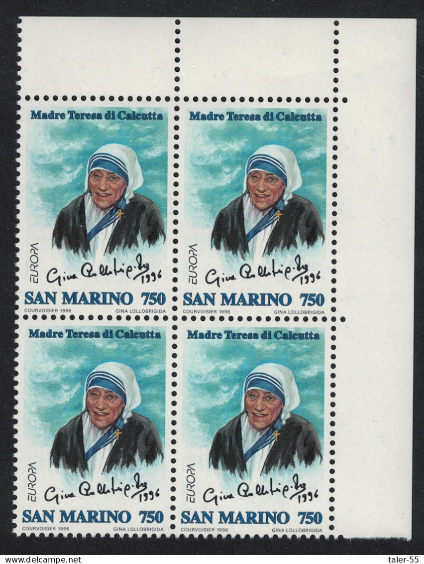 San Marino Mother Teresa Europa Famous Women Corner Block Of 4 1996 MNH SG#1541 - Nuevos