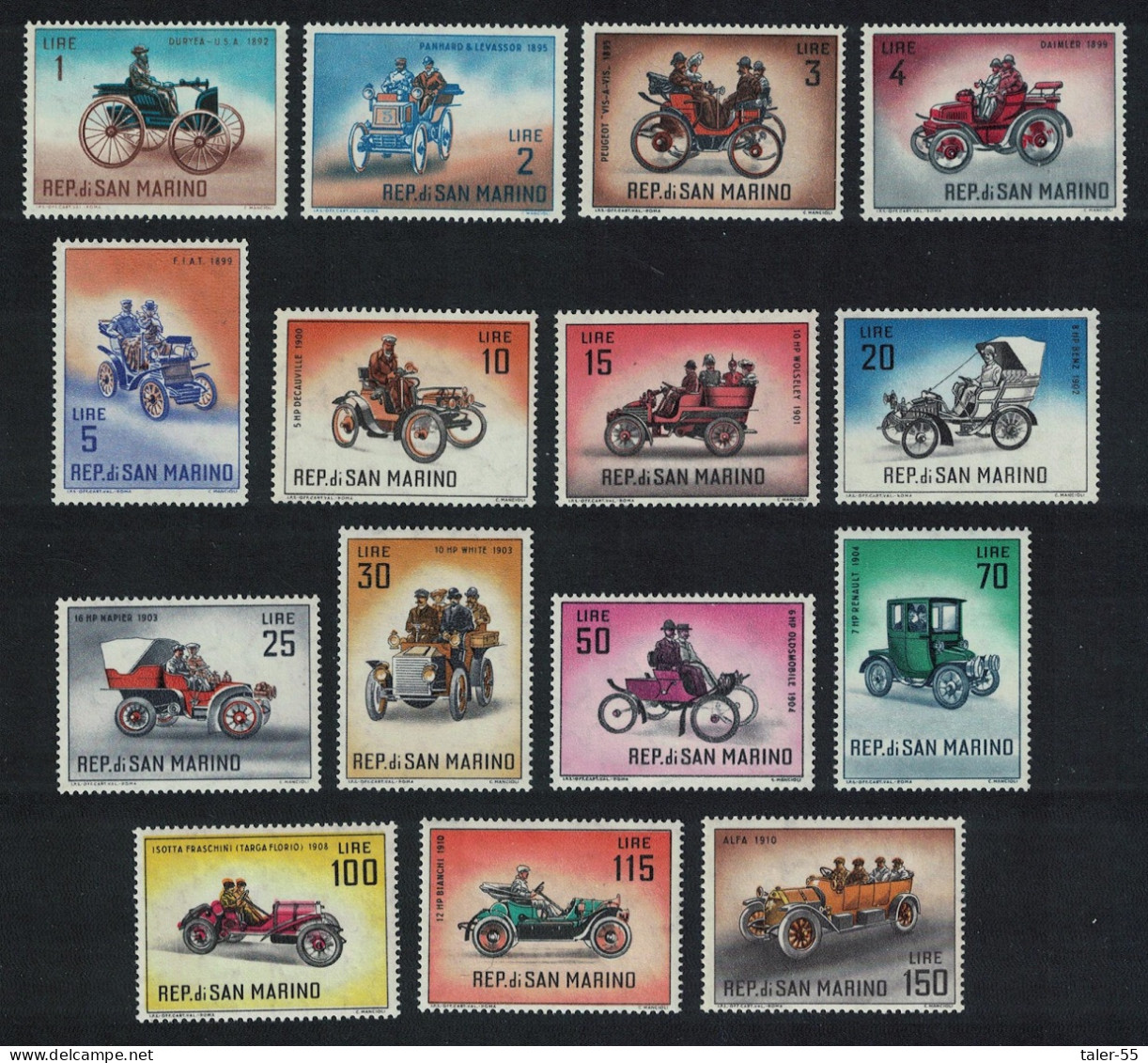 San Marino Veteran Motor Cars 15v COMPLETE 1962 MNH SG#644-658 MI#704-718 - Unused Stamps