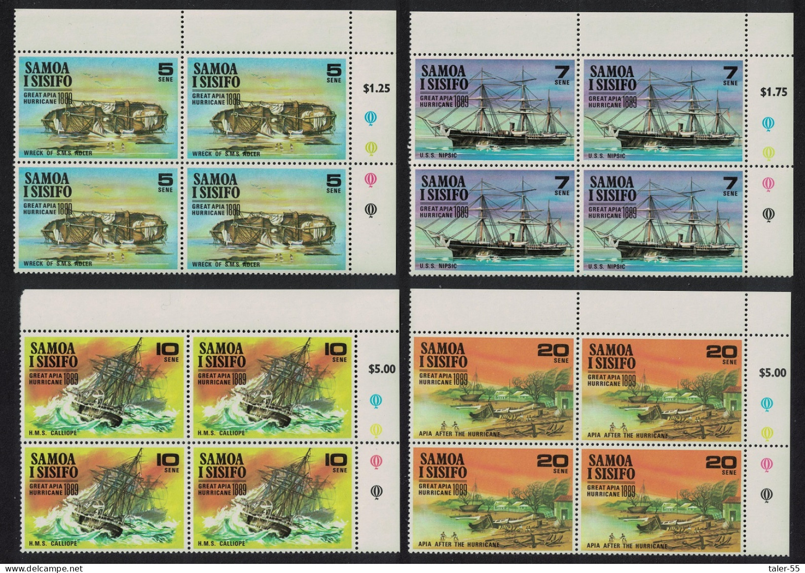 Samoa Apia Hurricane Ships 4v Corner Blocks Of 4 1970 MNH SG#341-344 Sc#325-328 - Samoa (Staat)