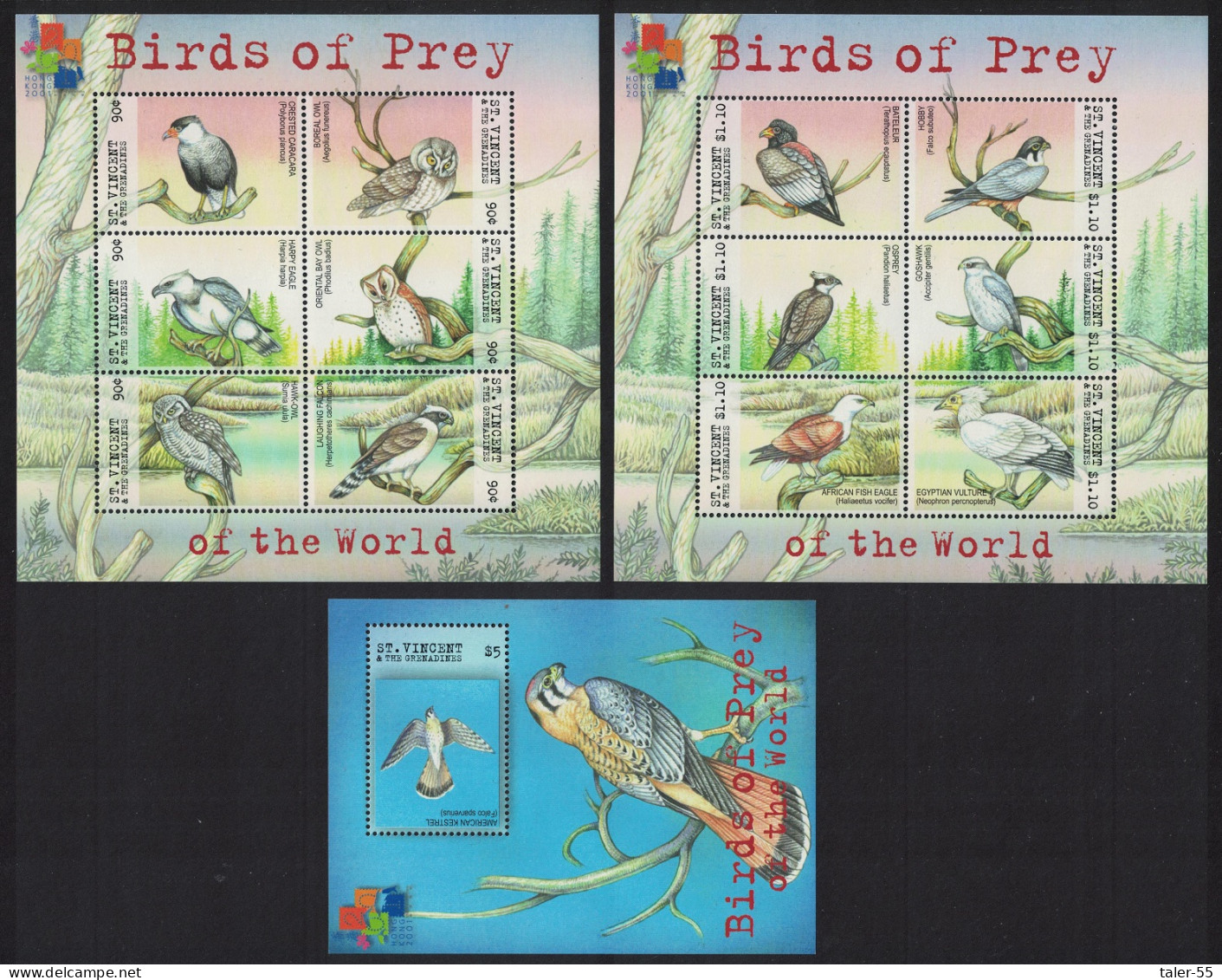 St. Vincent Birds Of Prey 2 Sheetlets + MS 2001 MNH SG#4805=MS4818 - St.Vincent (1979-...)