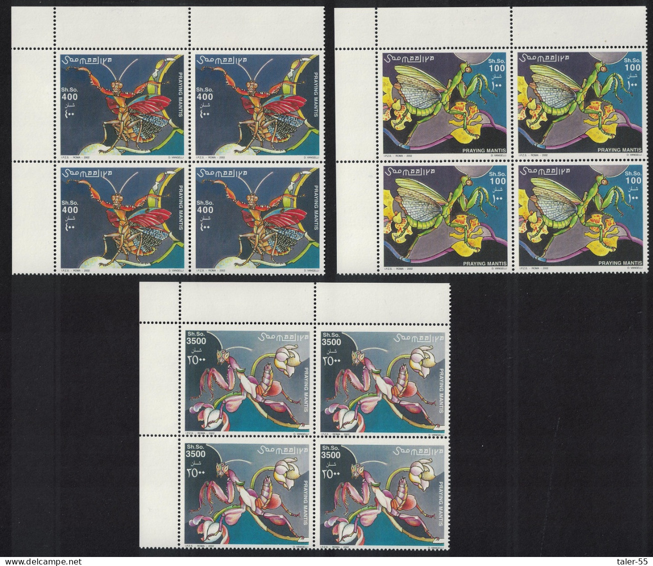 Somalia Praying Mantis 3v Corner Blocks Of 4 2002 MNH MI#972-974 - Somalia (1960-...)