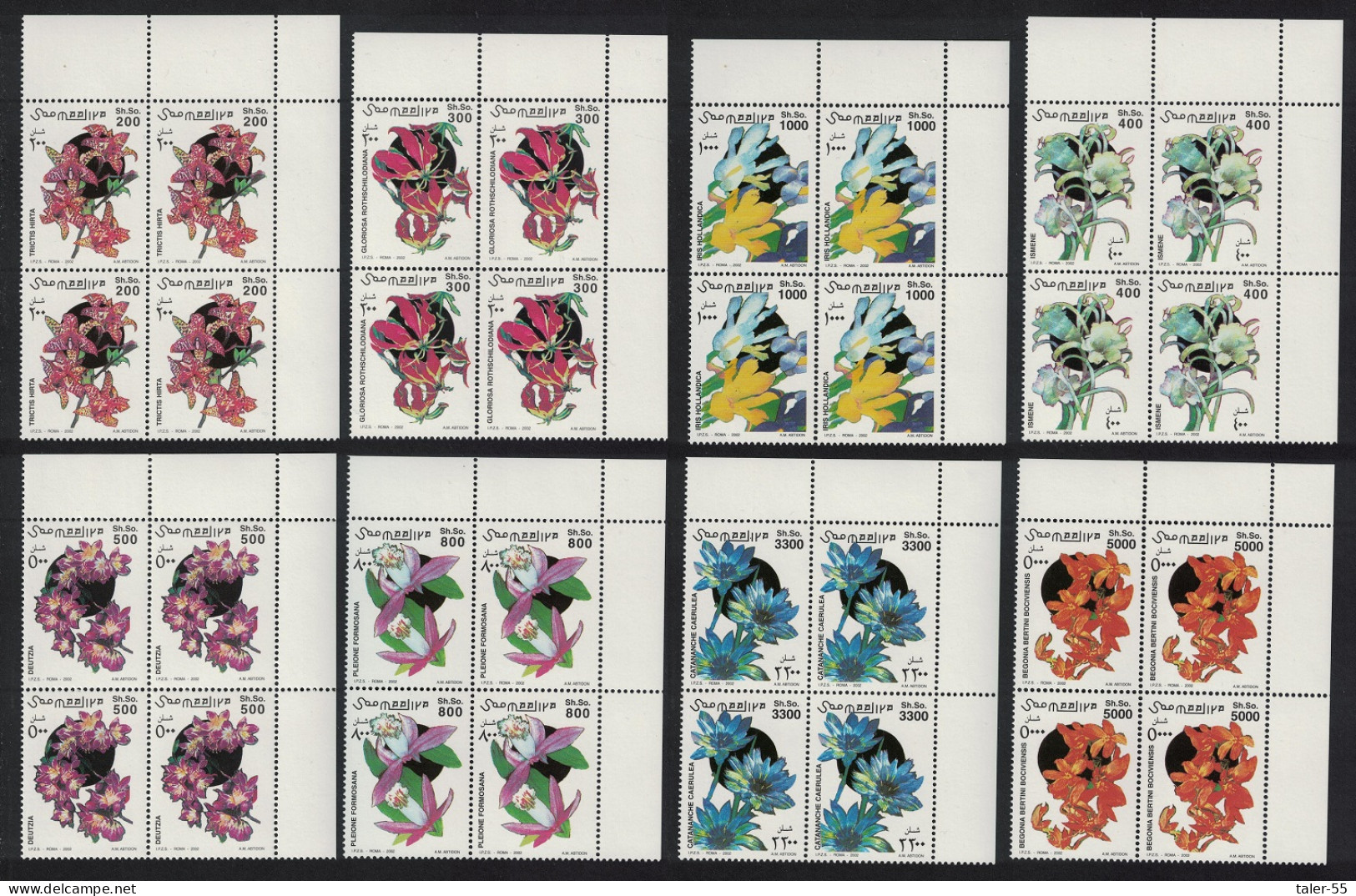 Somalia Flowers 8v Corner Blocks Of 4 2002 MNH MI#983-990 - Somalie (1960-...)