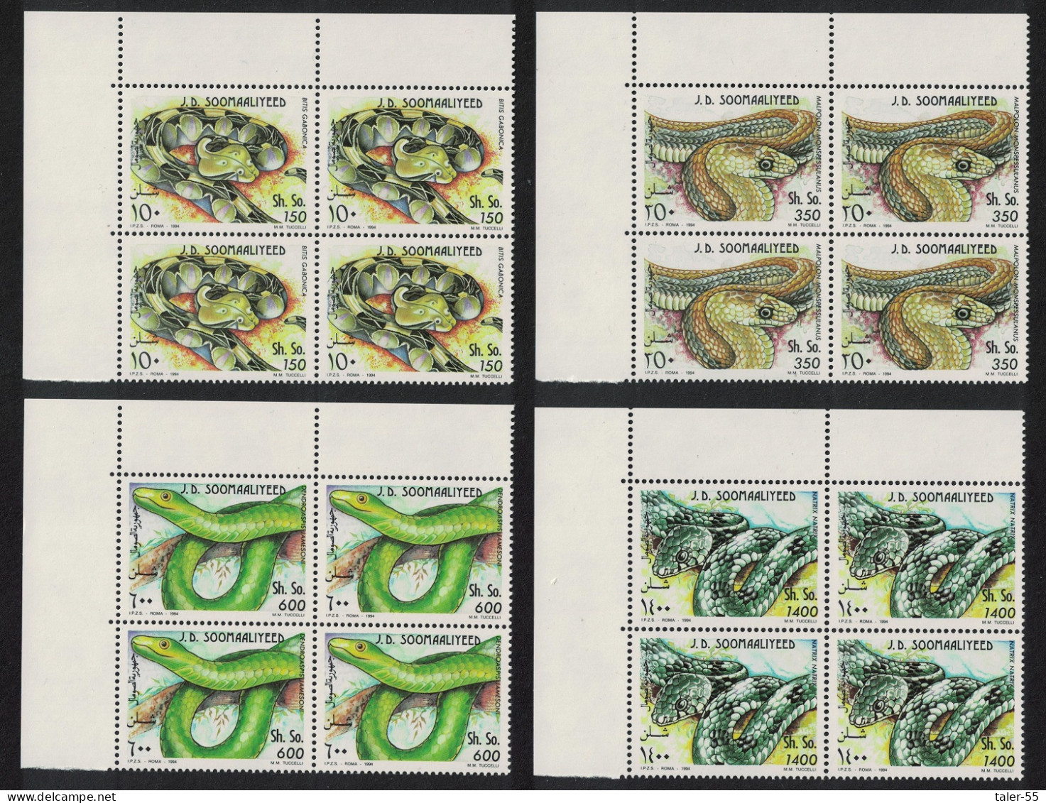 Somalia Snakes 4v Corner Blocks Of 4 1994 MNH MI#528-531 - Somalia (1960-...)