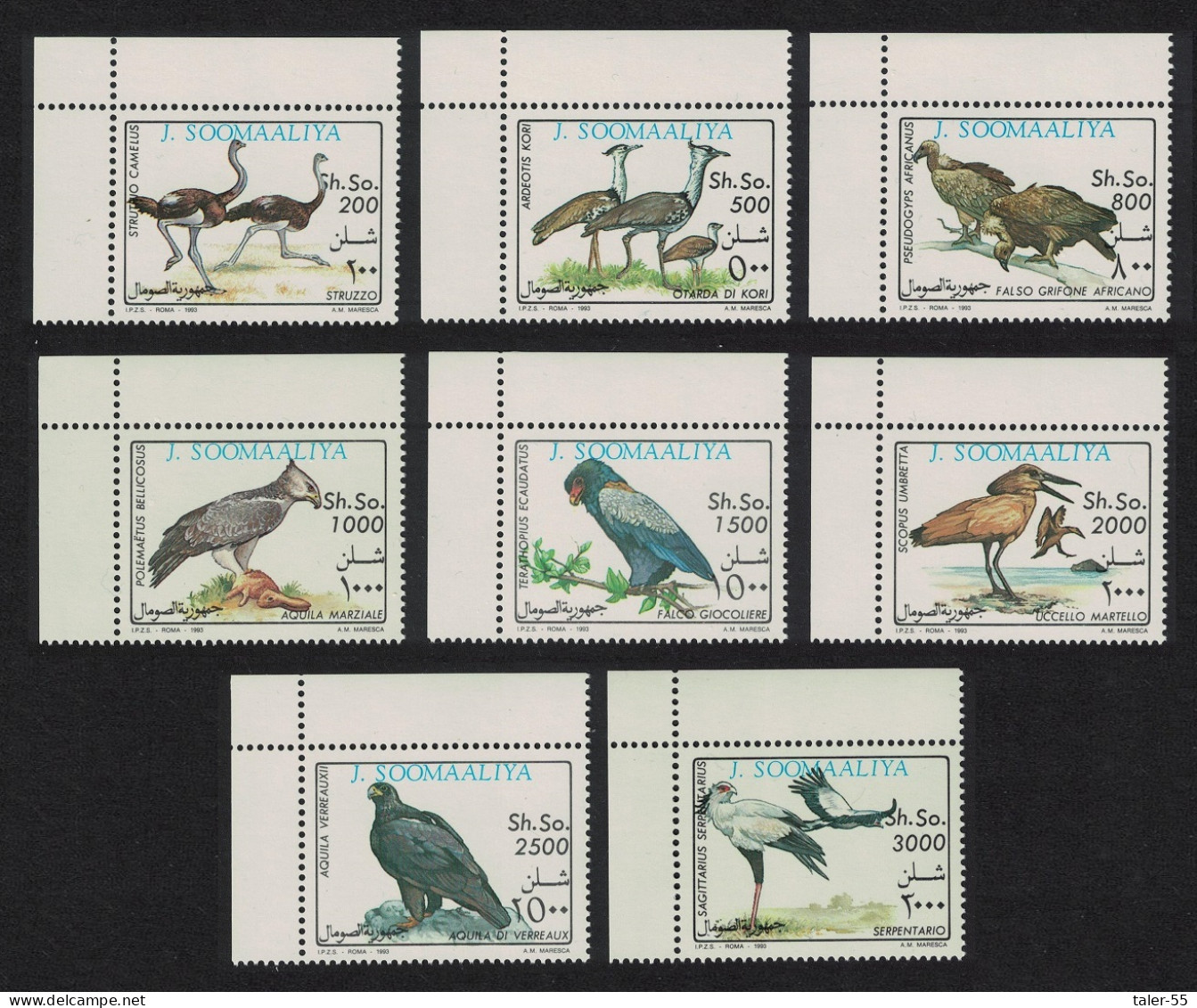 Somalia Birds Ostrich Bustard Bateleur Pelican 8v Corners 1993 MNH MI#460-467 - Somalia (1960-...)