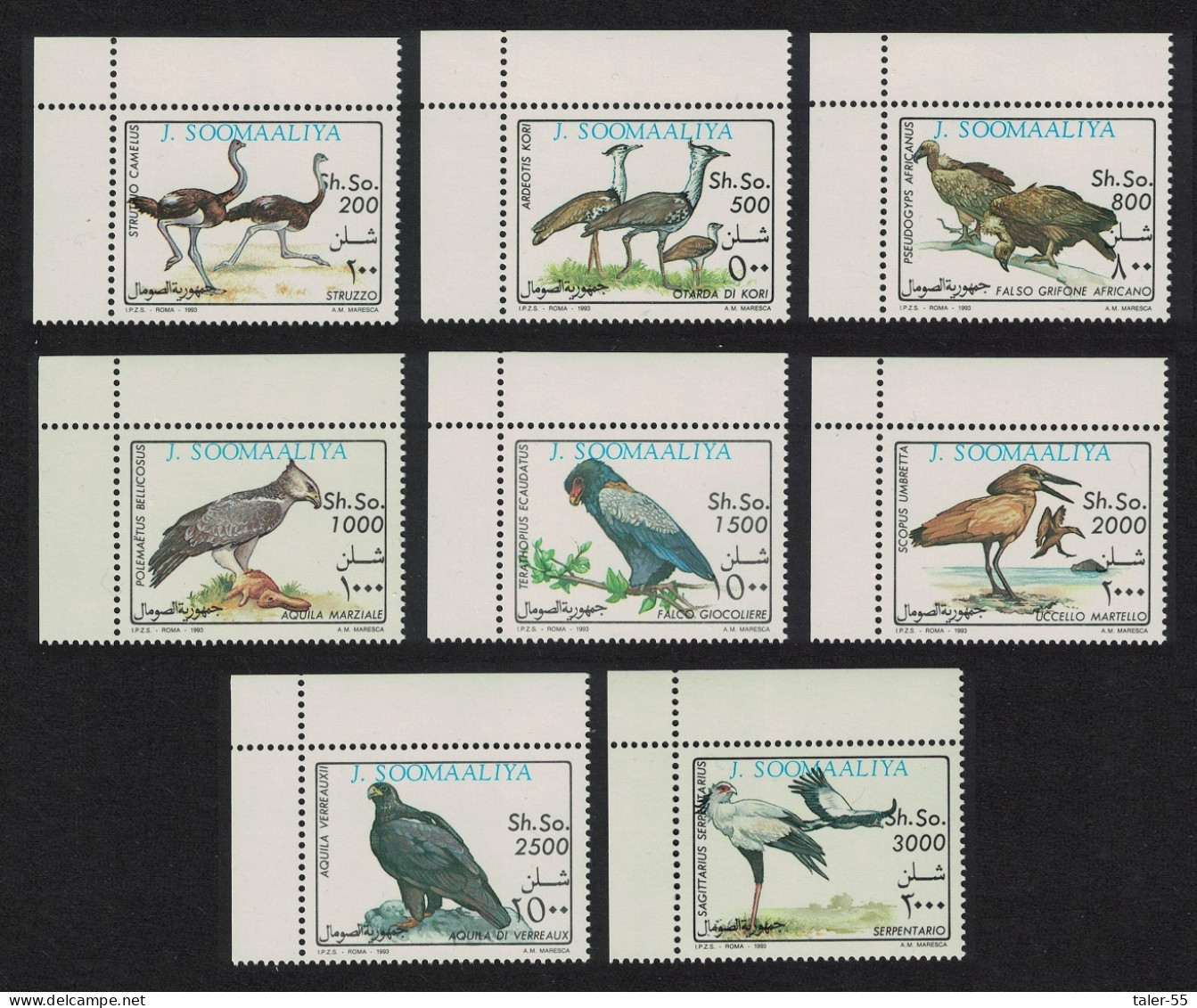 Somalia Birds Ostrich Bustard Bateleur Pelican 8v Corners 1993 MNH MI#460-467 - Somalie (1960-...)