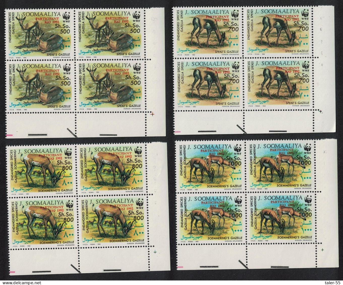 Somalia WWF Antelopes Overprint 'Rio 1992' 4v Corner Blocks Of 4 1992 MNH MI#444-447 - Somalie (1960-...)