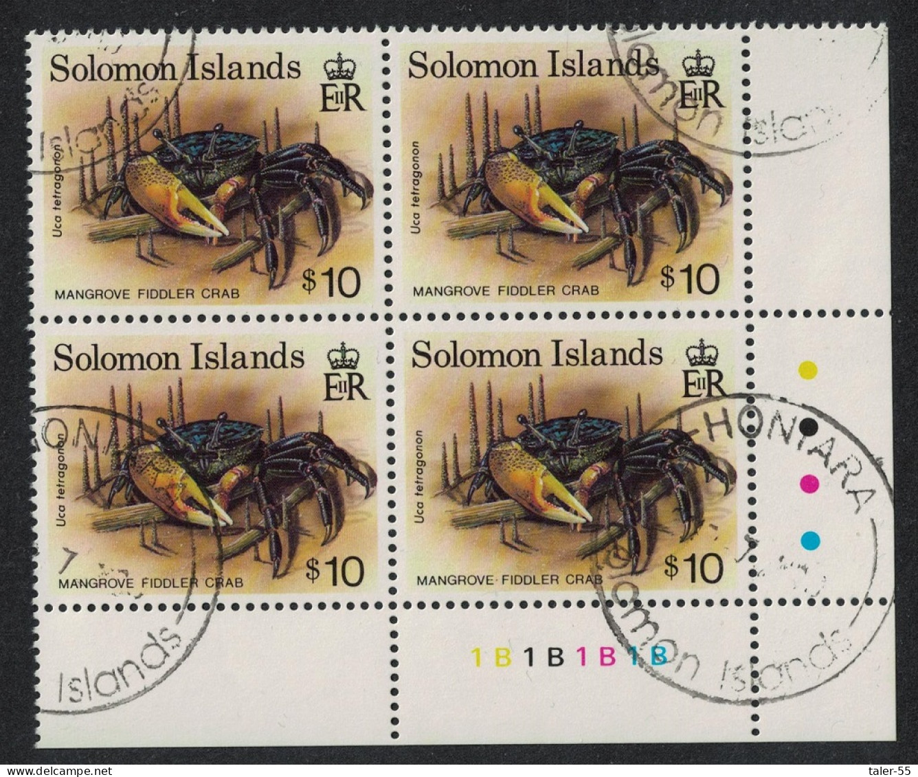 Solomon Is. Mangrove Fiddler Crab $10 Corner Block Of 4 KEY VALUE 1993 CTO SG#766 - Salomon (Iles 1978-...)