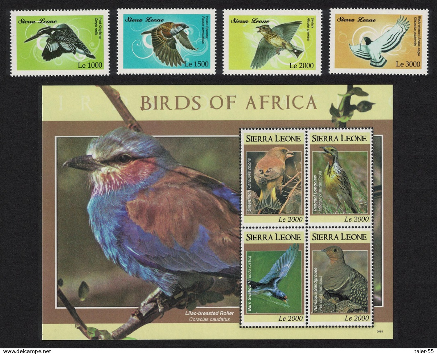 Sierra Leone Kingfisher Sparrow Skylark Eagle Birds 4v+MS 2009 MNH SG#4685-MS4689 - Sierra Leone (1961-...)