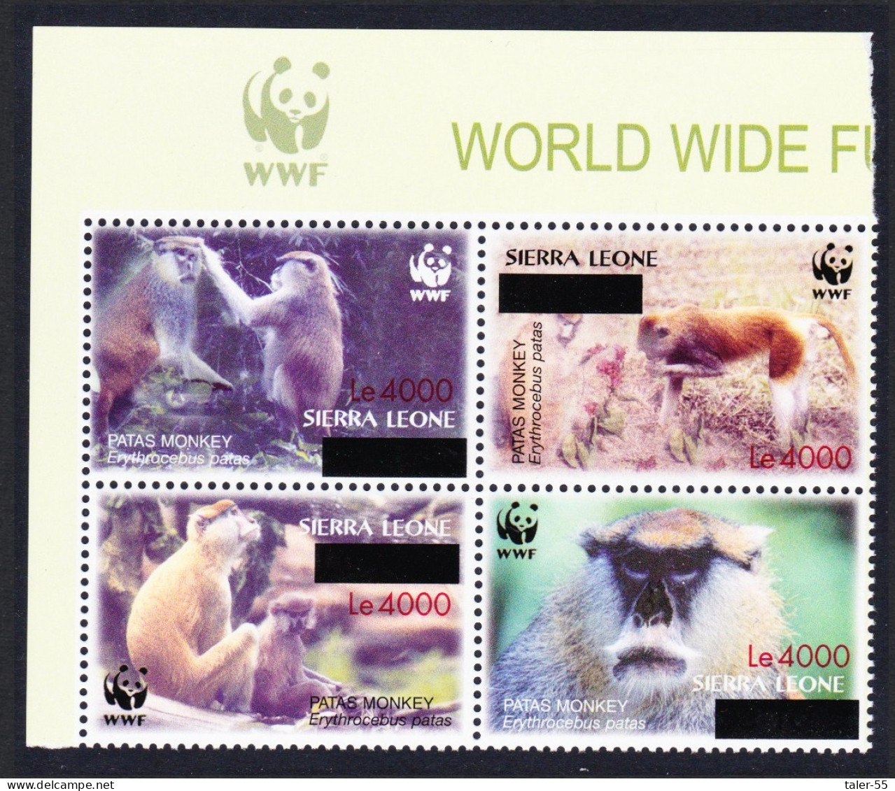 Sierra Leone WWF Patas Monkey Overprint Block Of 4 WWF Logo 2008 MNH SG#4589-4592 MI#5071-5074 - Sierra Leone (1961-...)