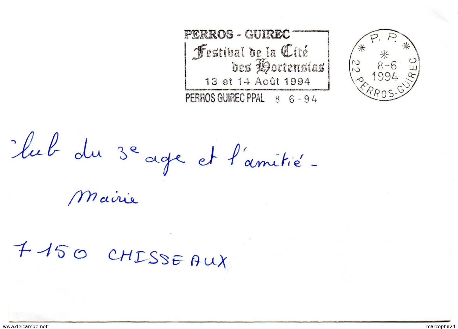 FLORE = 22 PERROS GUIREC 1994 = FLAMME PP = SECAP TEMPORAIRE ' FESTIVAL DES HORTENSIAS ' - Altri & Non Classificati